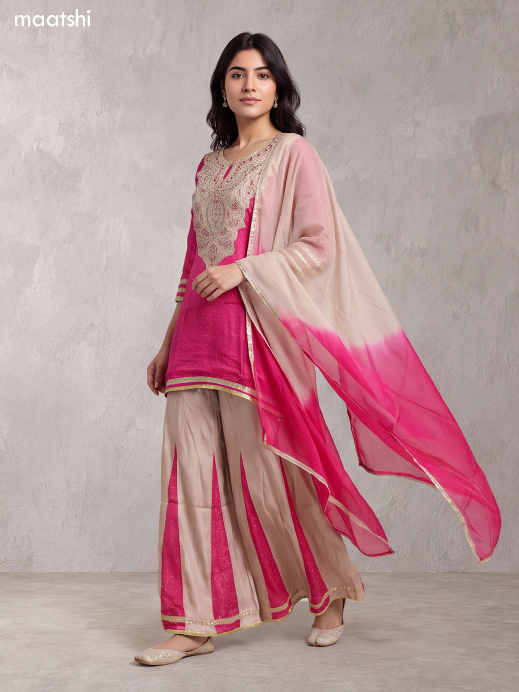 Rani Pink and Biege Art Silk With Embroidery Work Short Straight Suit