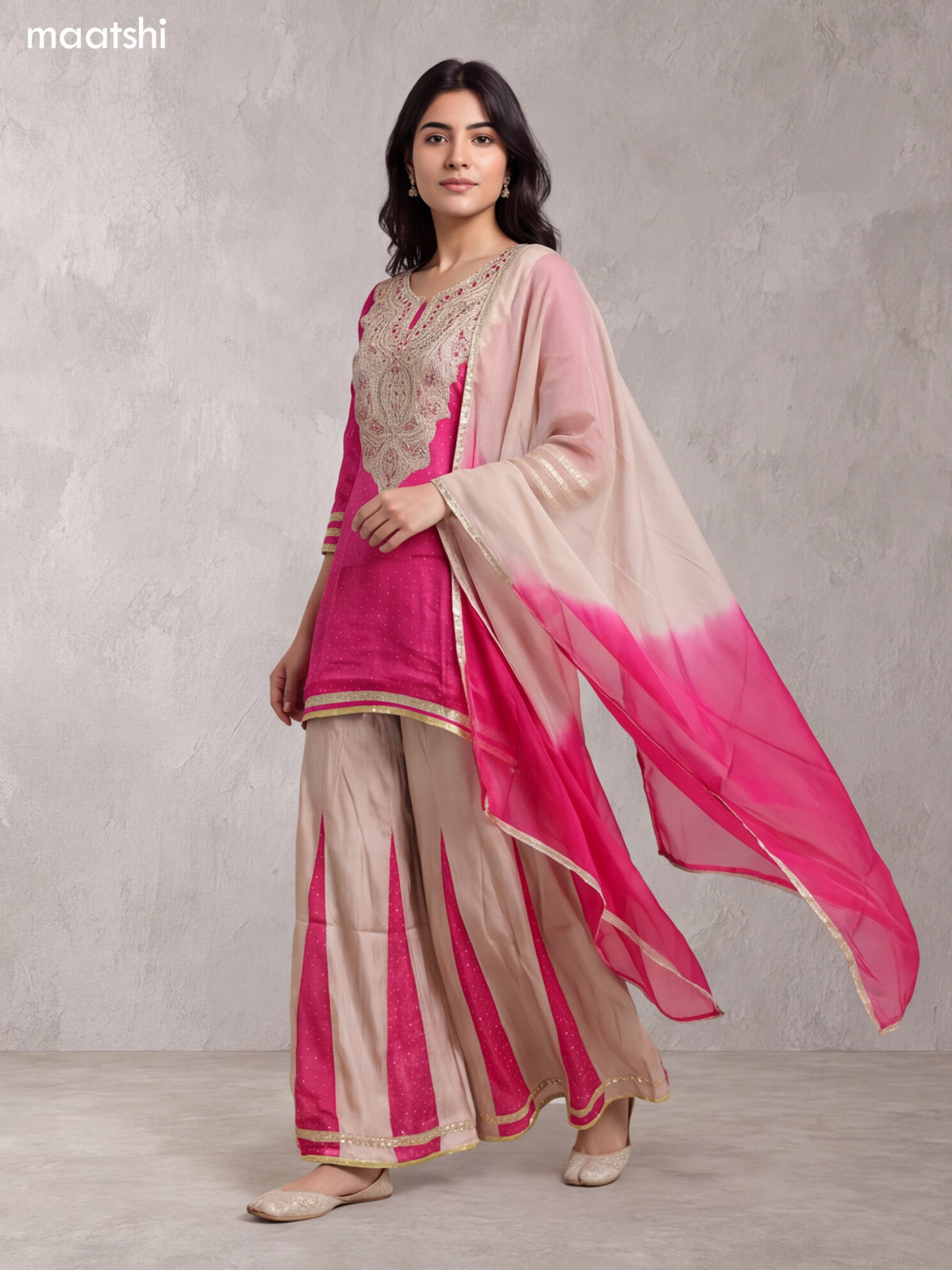 Rani Pink and Biege Art Silk With Embroidery Work Short Straight Suit