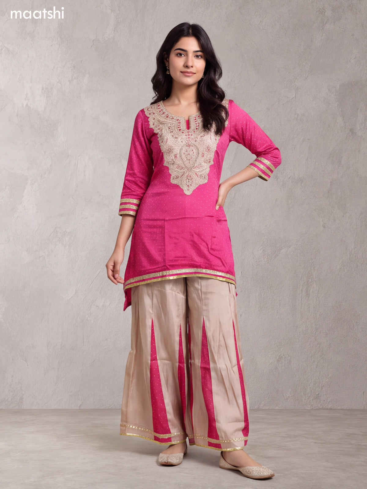 Rani Pink and Biege Art Silk With Embroidery Work Short Straight Suit