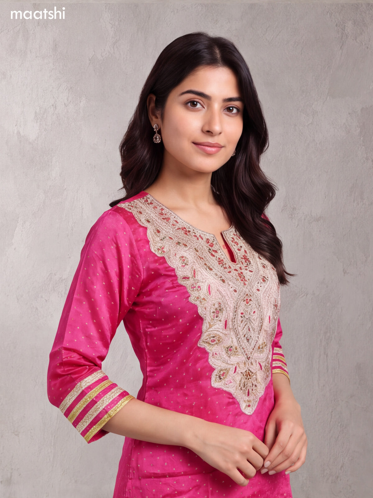 Rani Pink and Biege Art Silk With Embroidery Work Short Straight Suit