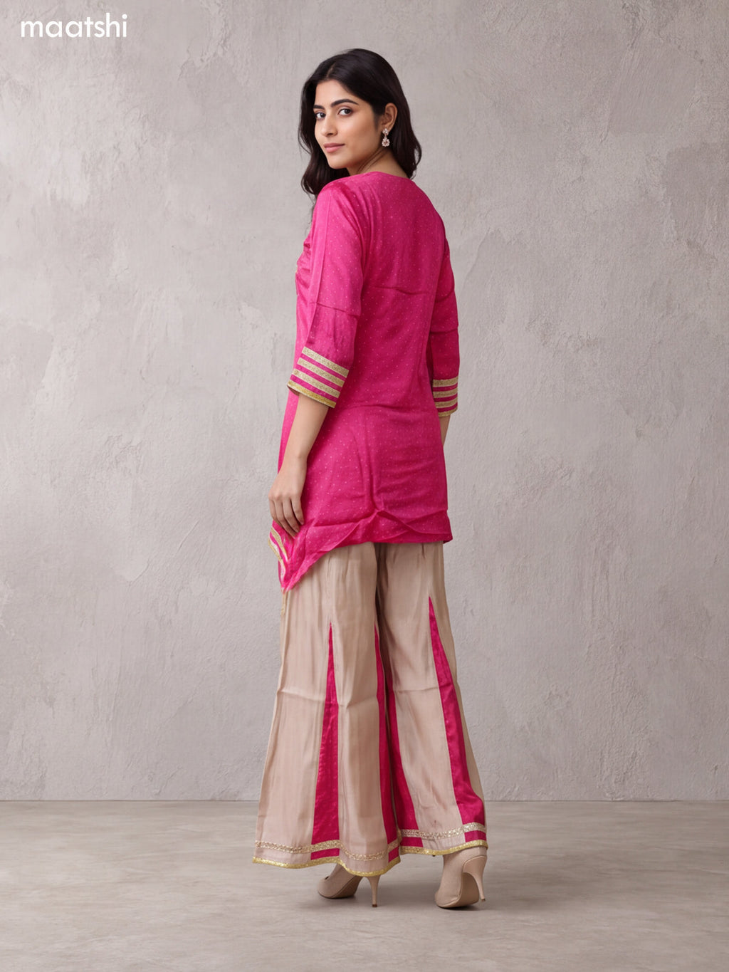 Rani Pink and Biege Art Silk With Embroidery Work Short Straight Suit