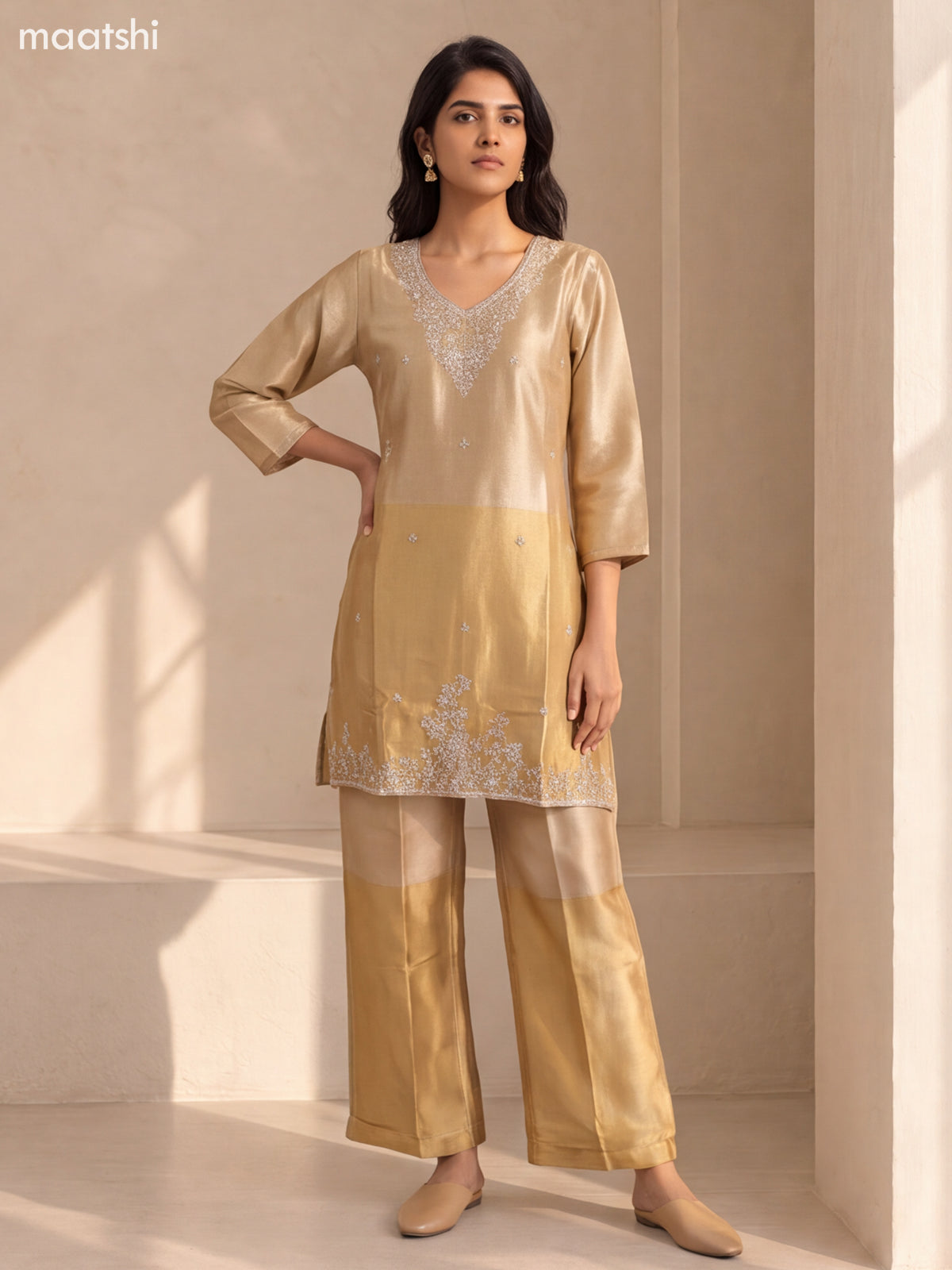 Biege and Gold Tissue Embroidery Work Short Straight Suit