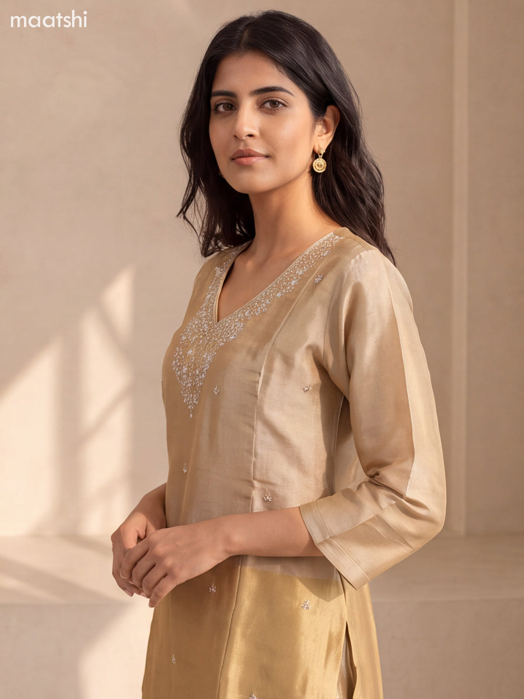 Biege and Gold Tissue Embroidery Work Short Straight Suit