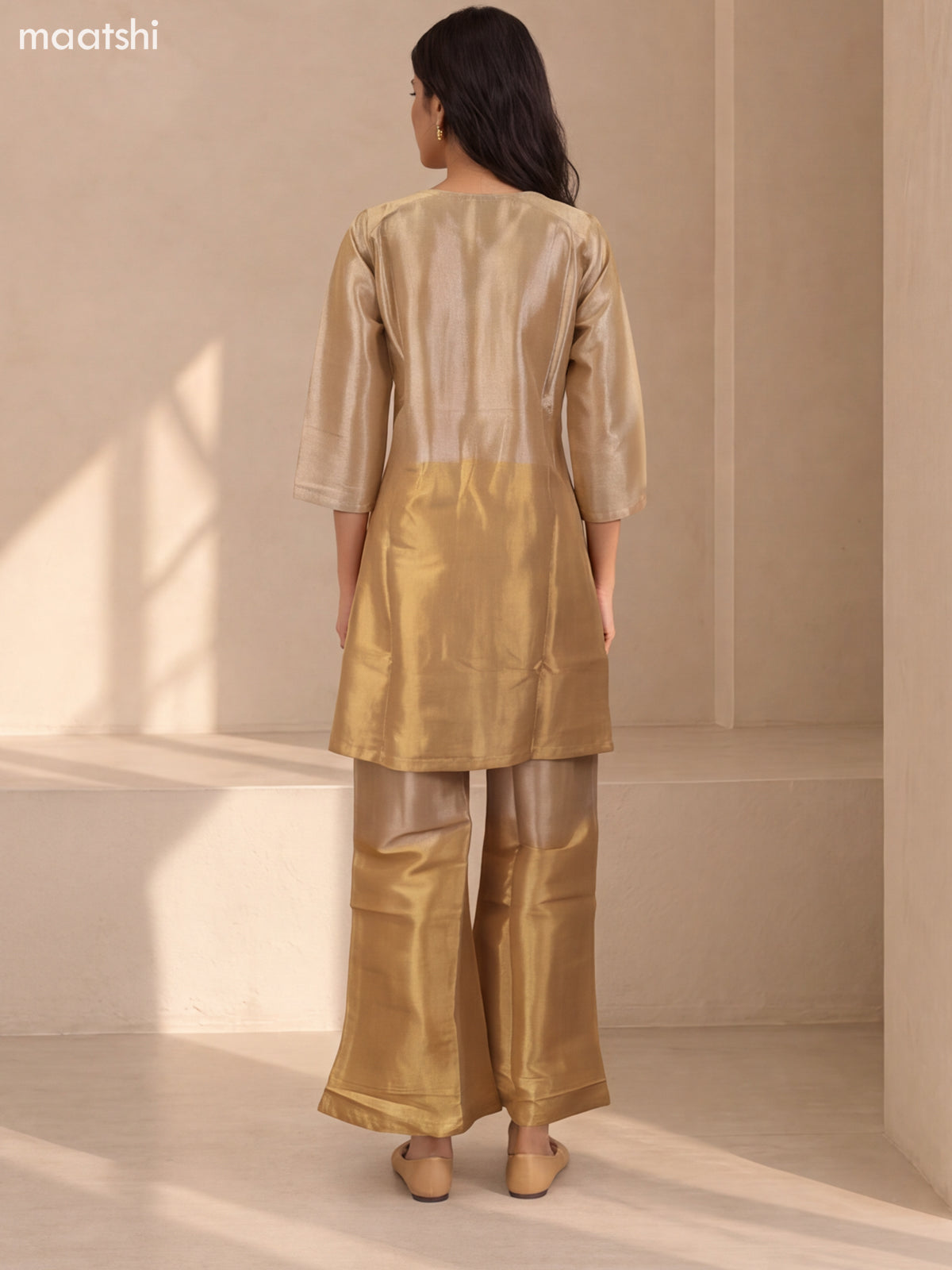 Biege and Gold Tissue Embroidery Work Short Straight Suit