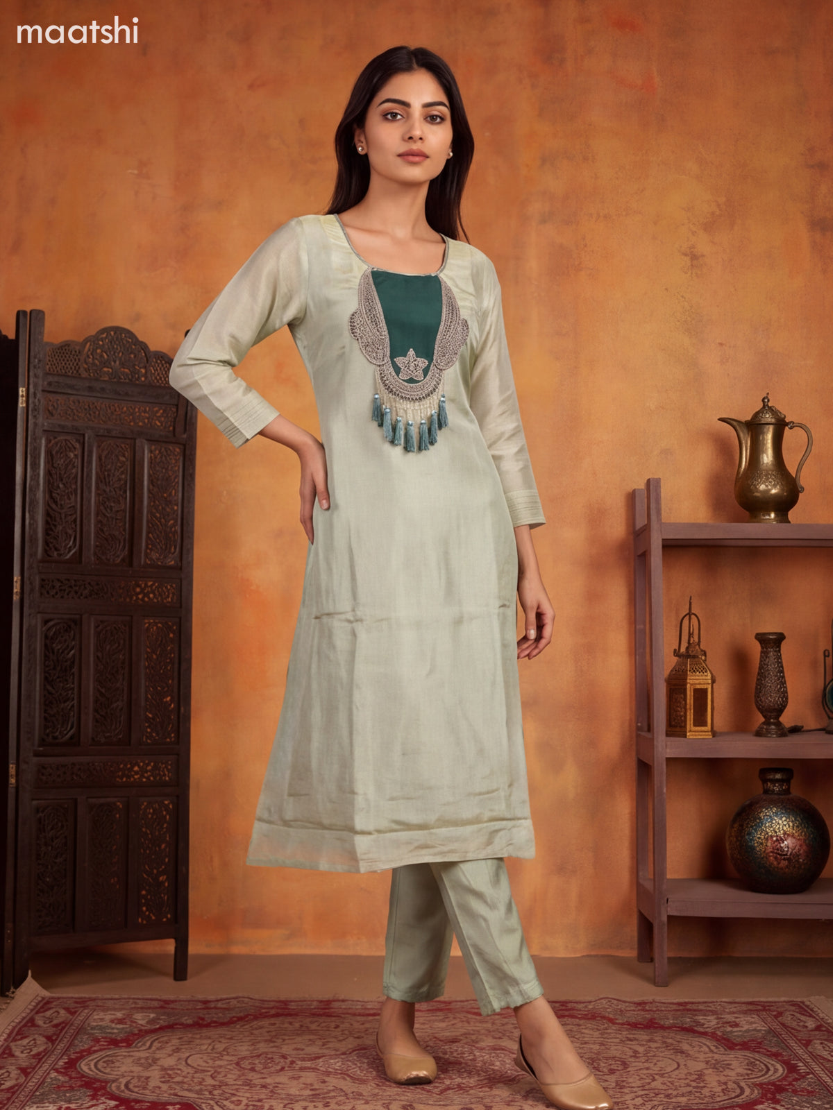 Pastel Green and Green Tissue Embroidery Work A-Line Suit