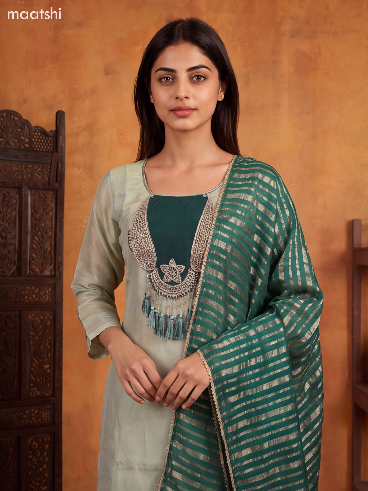 Pastel Green and Green Tissue Embroidery Work A-Line Suit