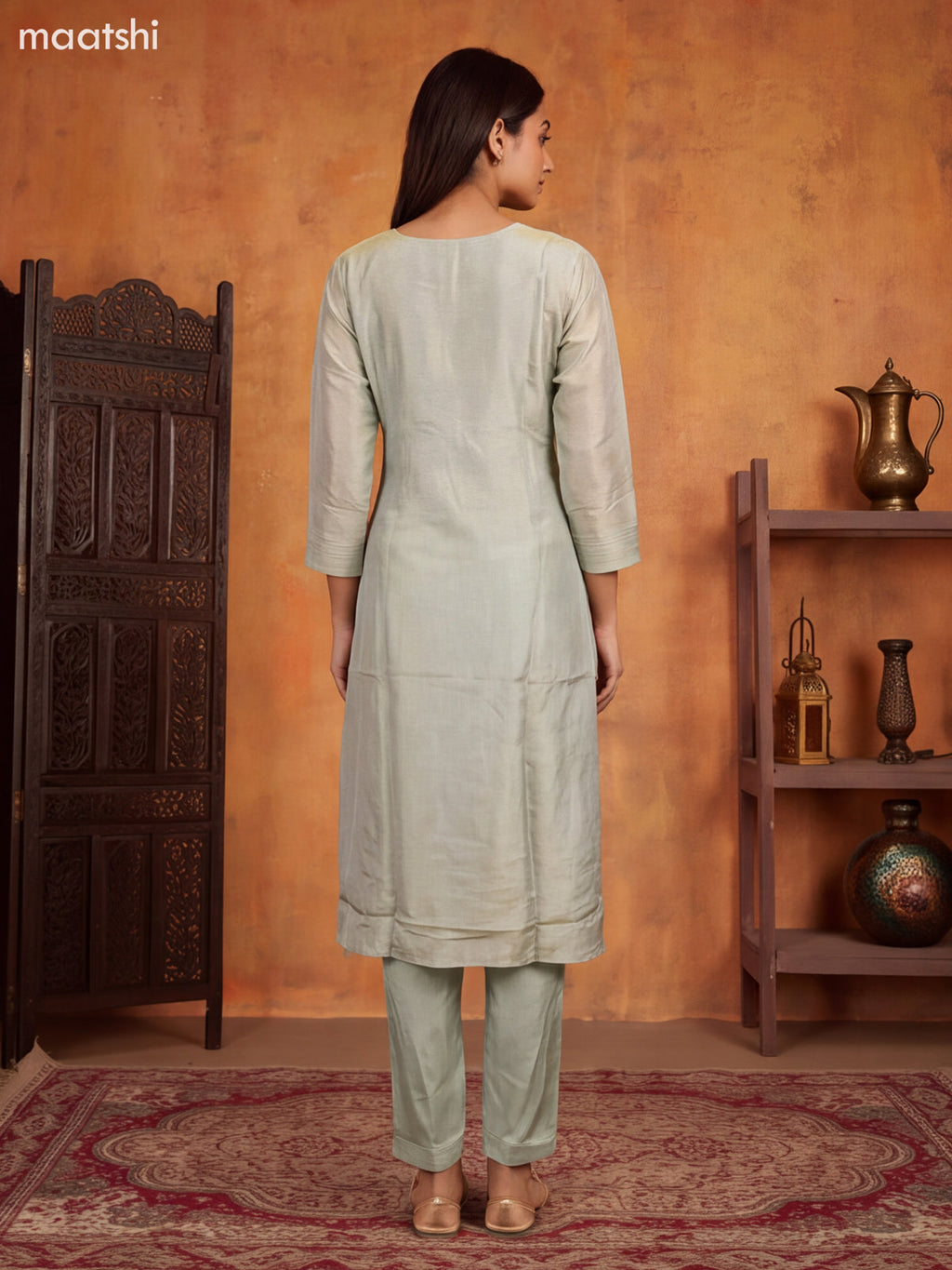 Pastel Green and Green Tissue Embroidery Work A-Line Suit