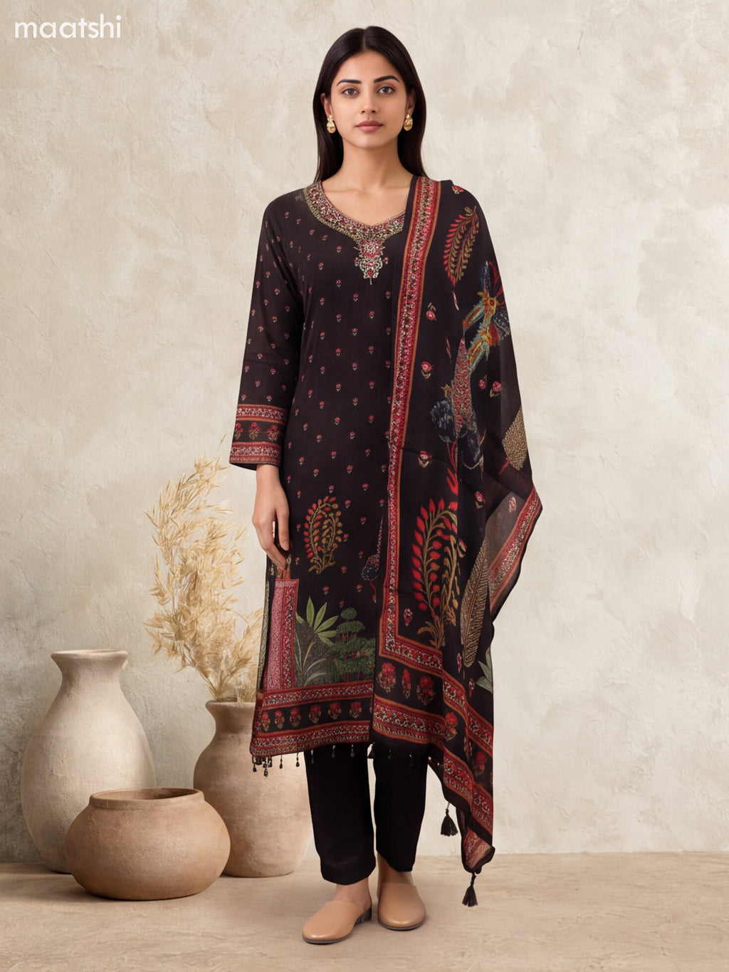Black Art Silk Printed & Embroidery Work Anarkali Suit