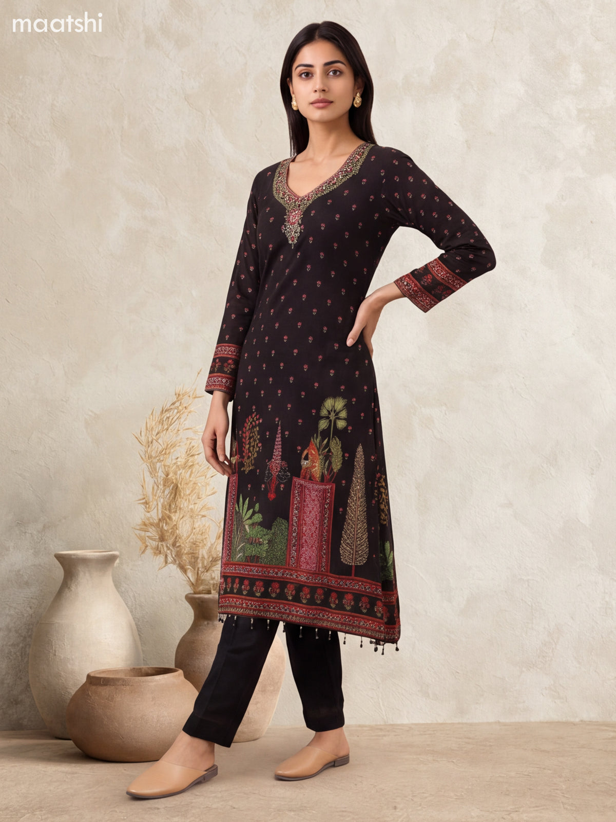 Black Art Silk Printed & Embroidery Work Anarkali Suit