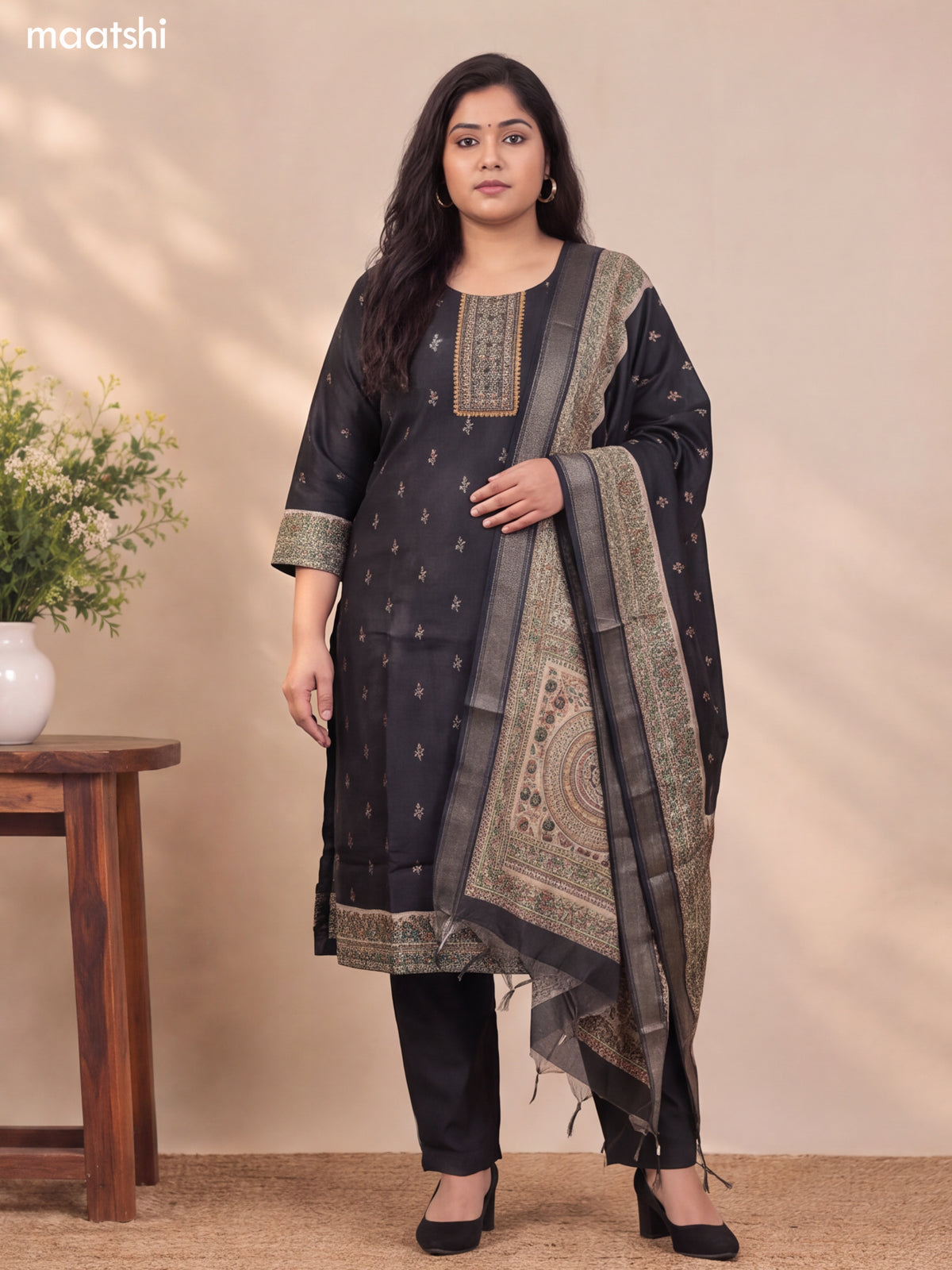 Black and Beige Art Tussar Embroidery Work Straight Suit