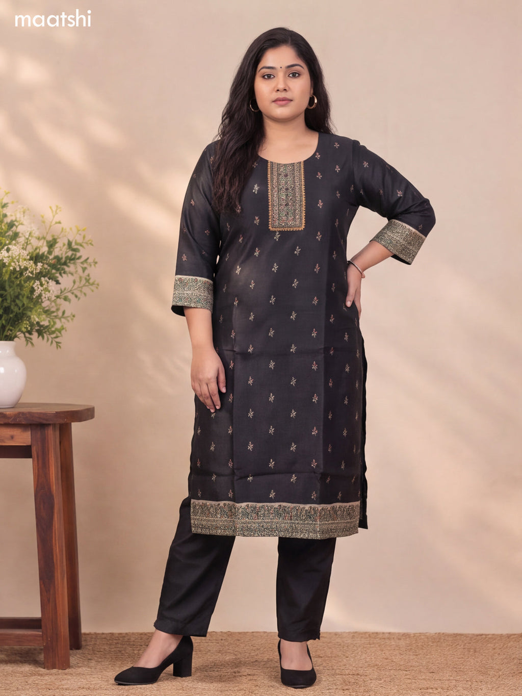 Black and Beige Art Tussar Embroidery Work Straight Suit