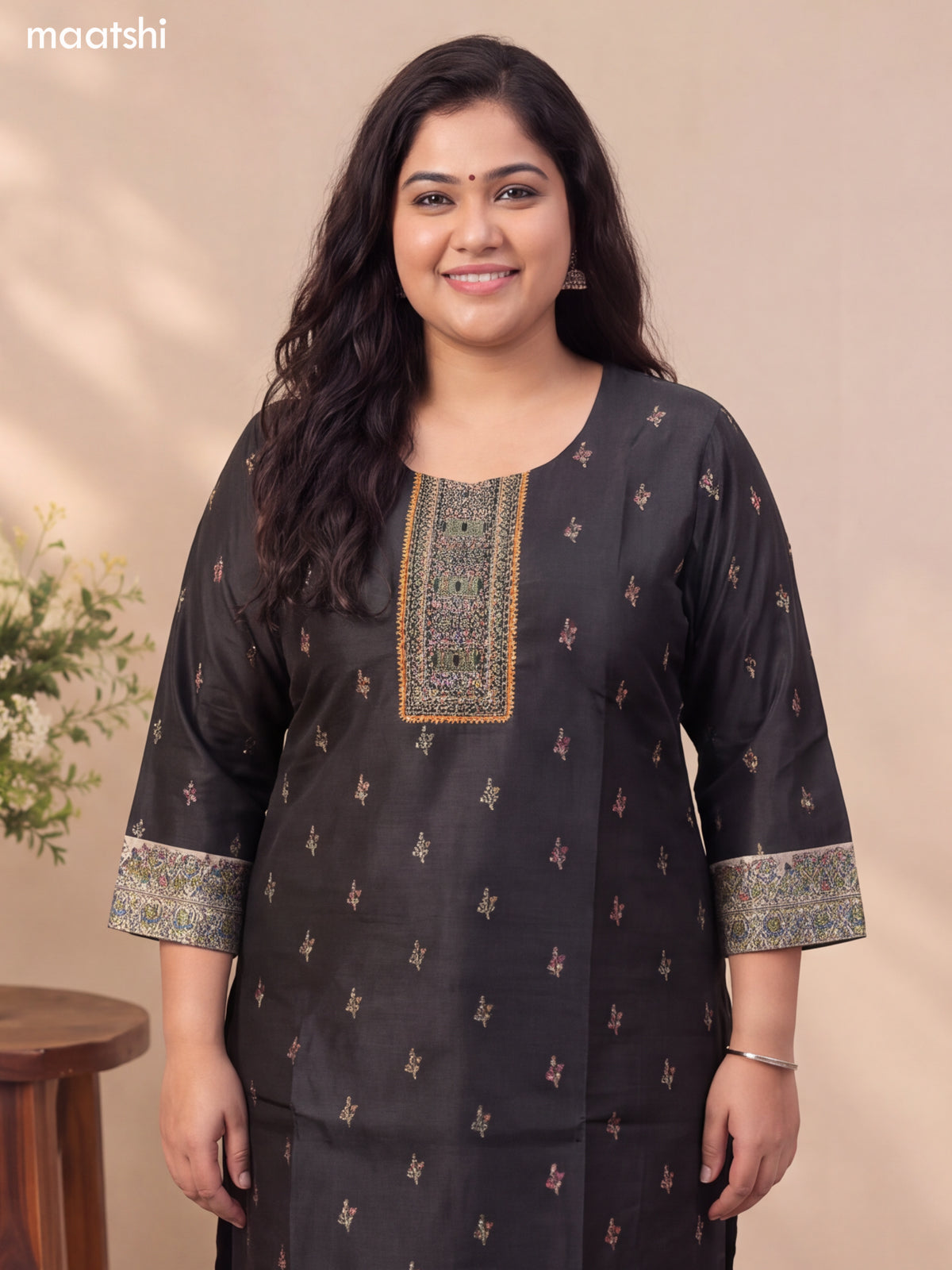 Black and Beige Art Tussar Embroidery Work Straight Suit