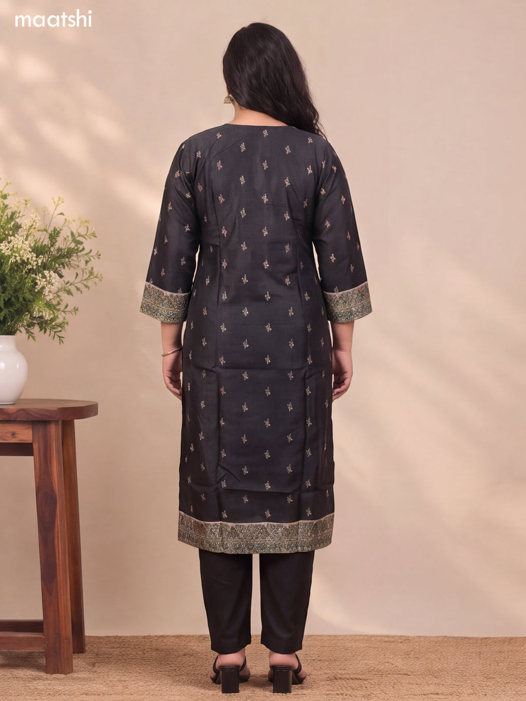 Black and Beige Art Tussar Embroidery Work Straight Suit