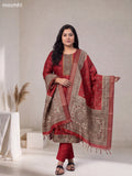 Red and Beige Art Tussar Embroidery Work Straight Suit