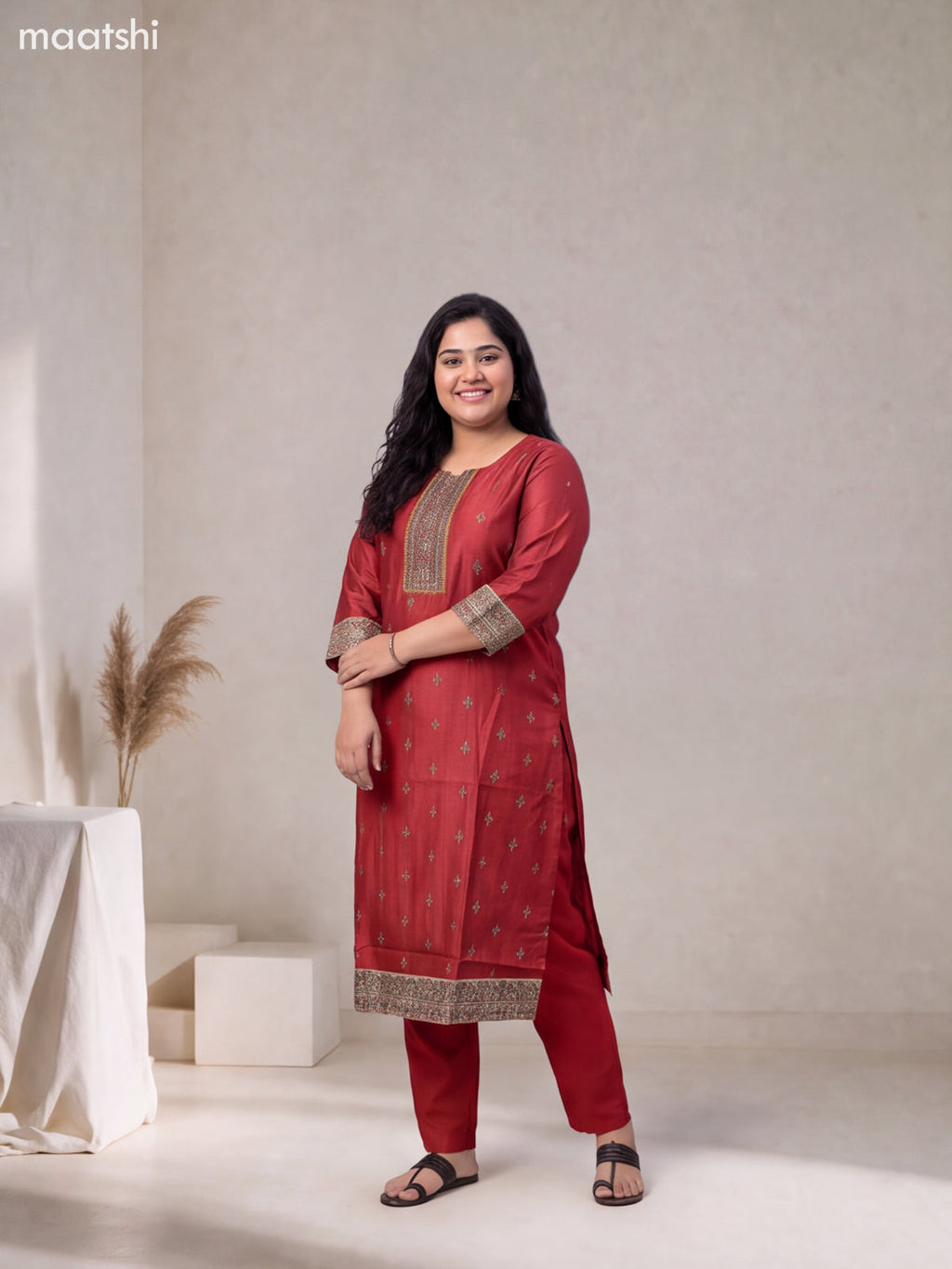 Red and Beige Art Tussar Embroidery Work Straight Suit