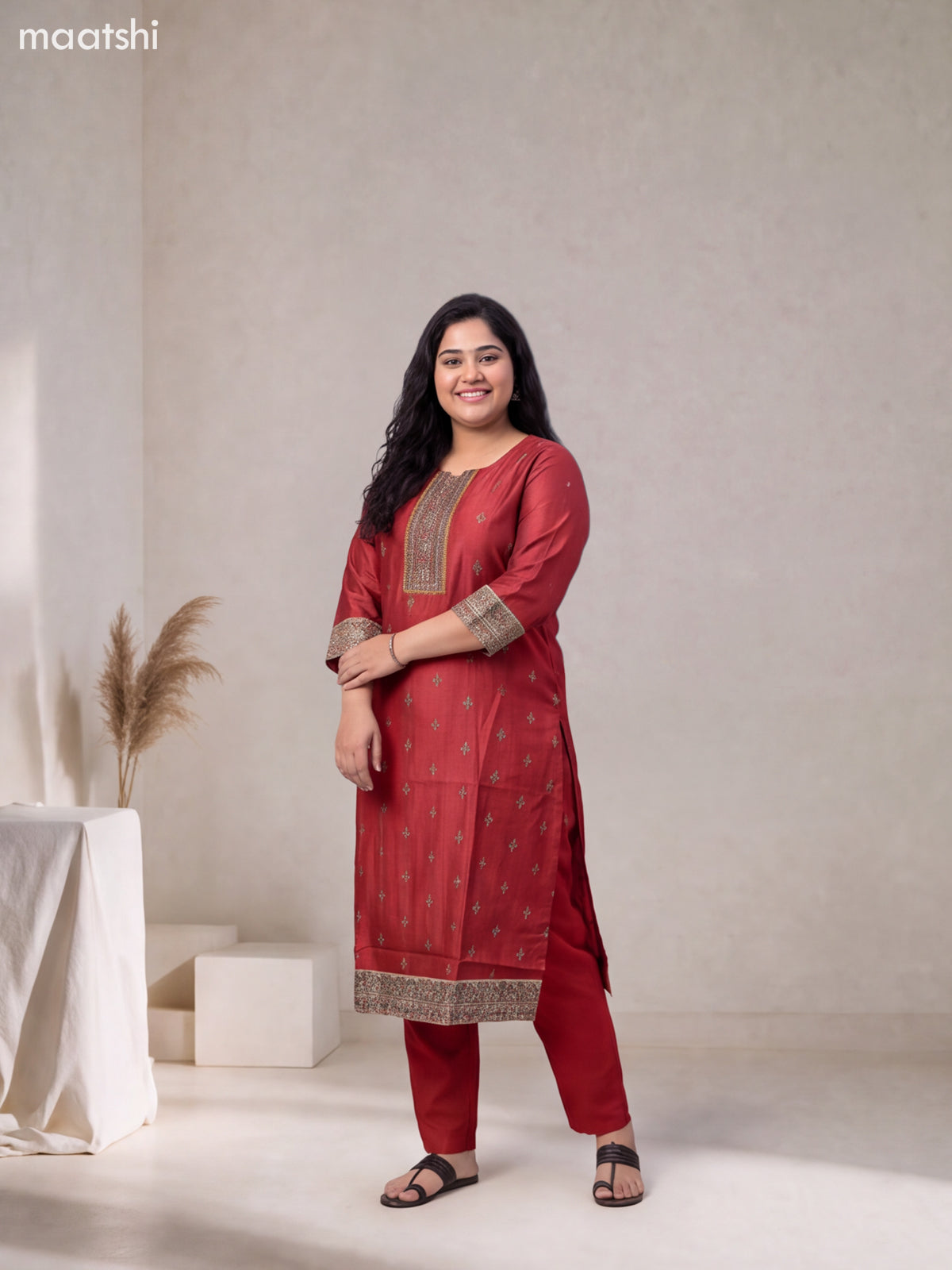 Red and Beige Art Tussar Embroidery Work Straight Suit
