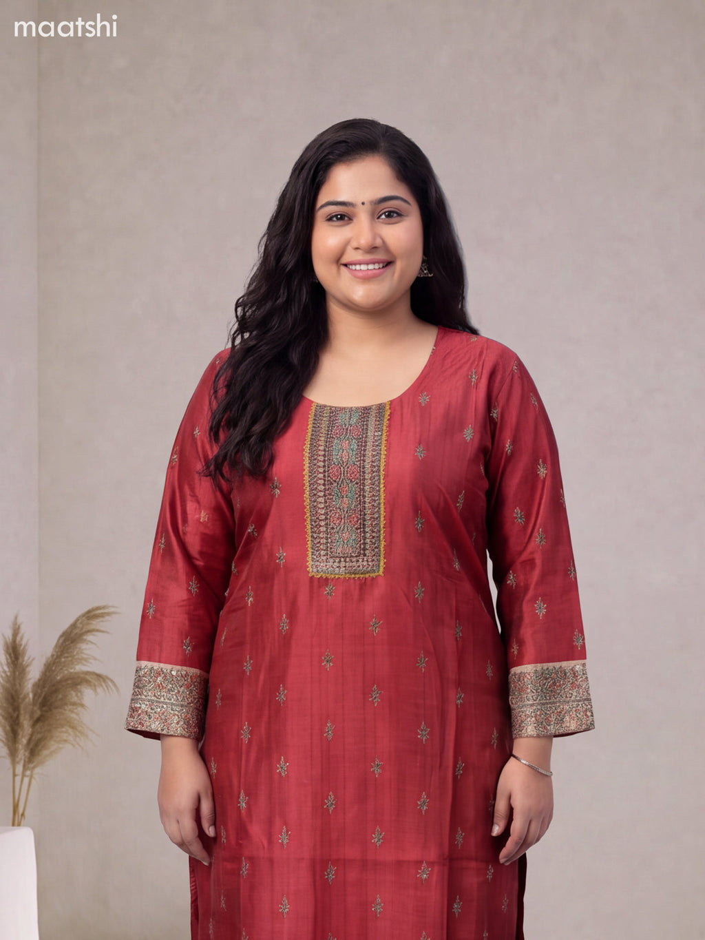 Red and Beige Art Tussar Embroidery Work Straight Suit