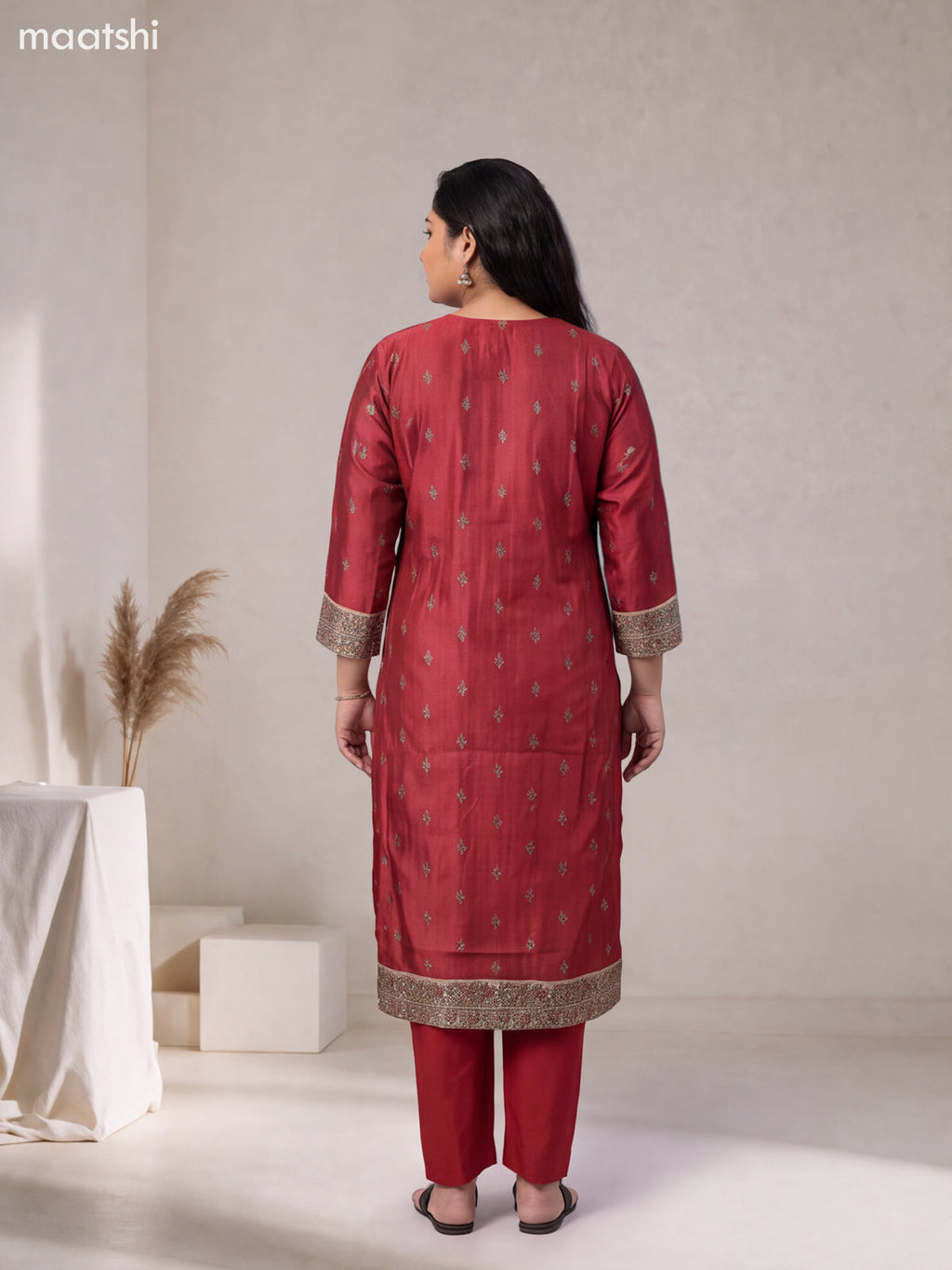 Red and Beige Art Tussar Embroidery Work Straight Suit