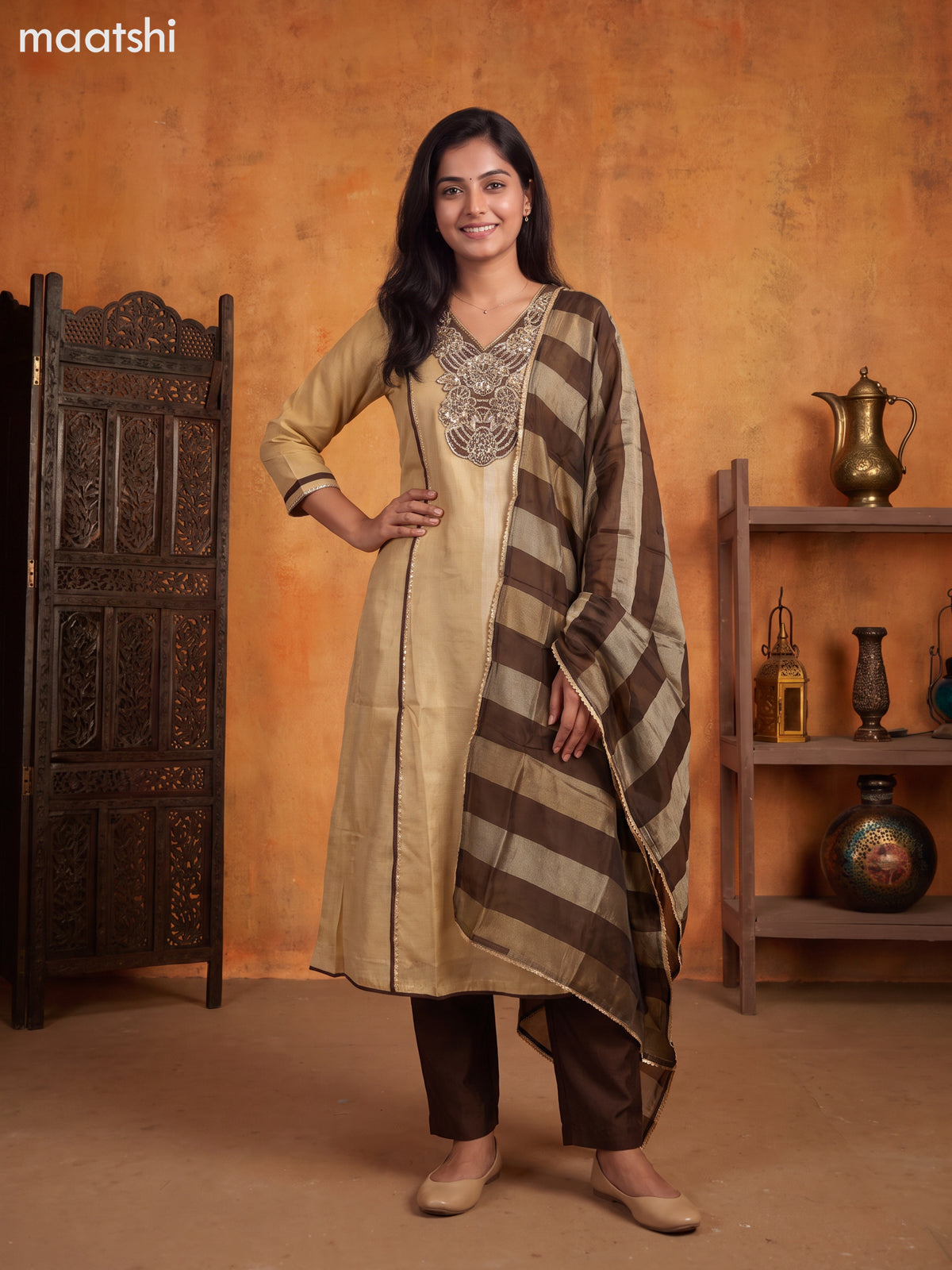 Biege and Coffee Brown Tissue Embroidery Work Anarkali Suit