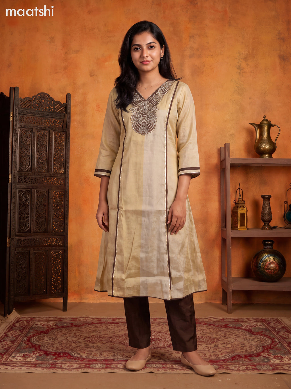 Biege and Coffee Brown Tissue Embroidery Work Anarkali Suit