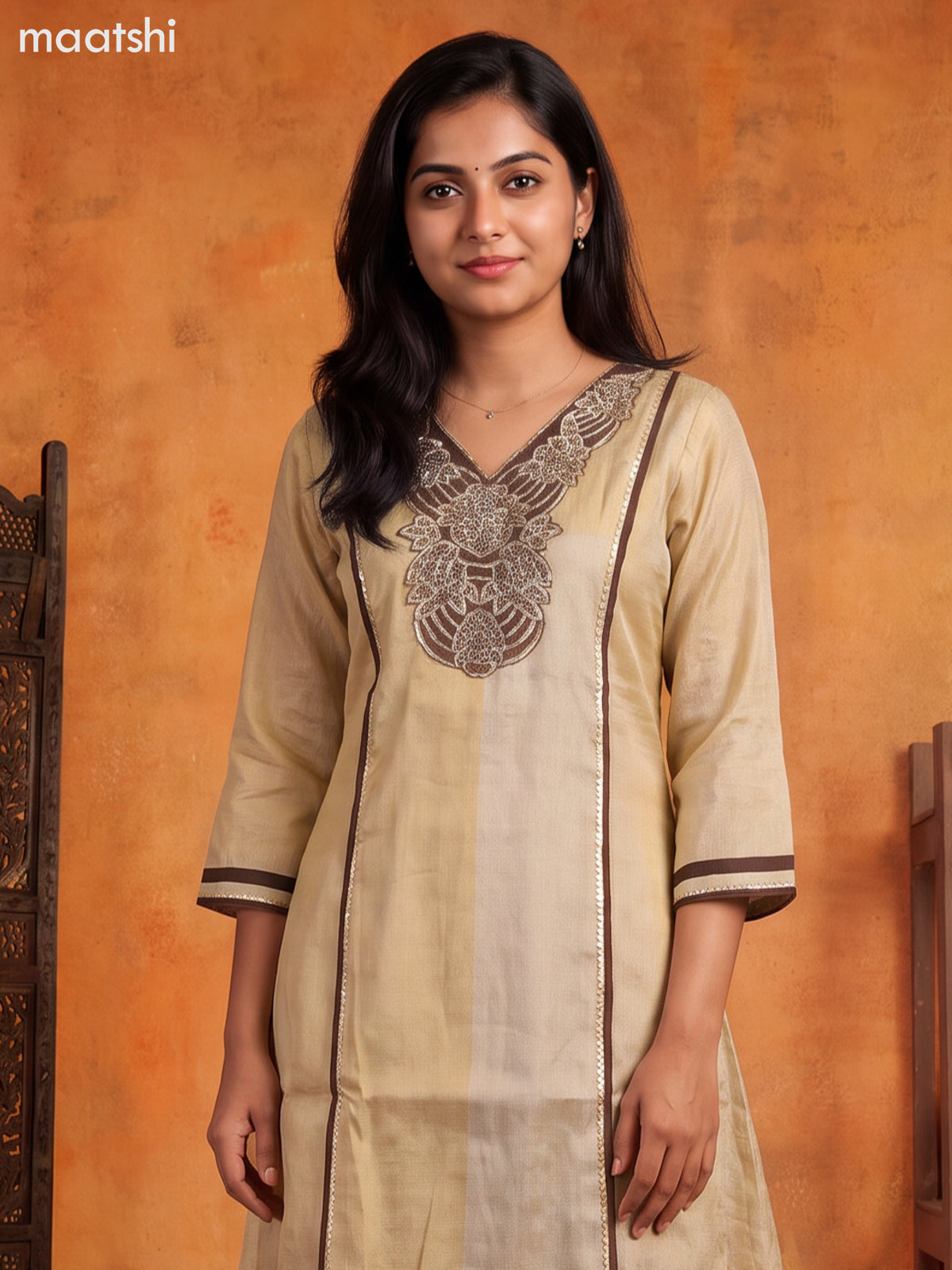 Biege and Coffee Brown Tissue Embroidery Work Anarkali Suit