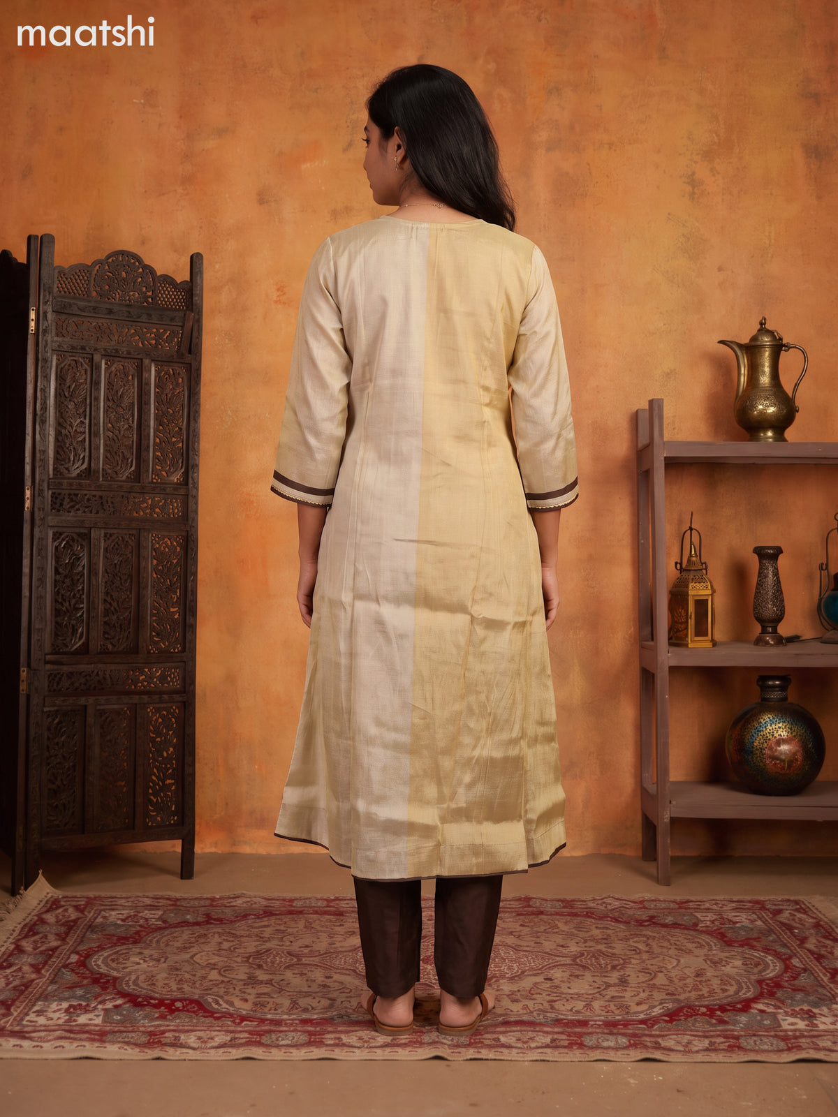 Biege and Coffee Brown Tissue Embroidery Work Anarkali Suit