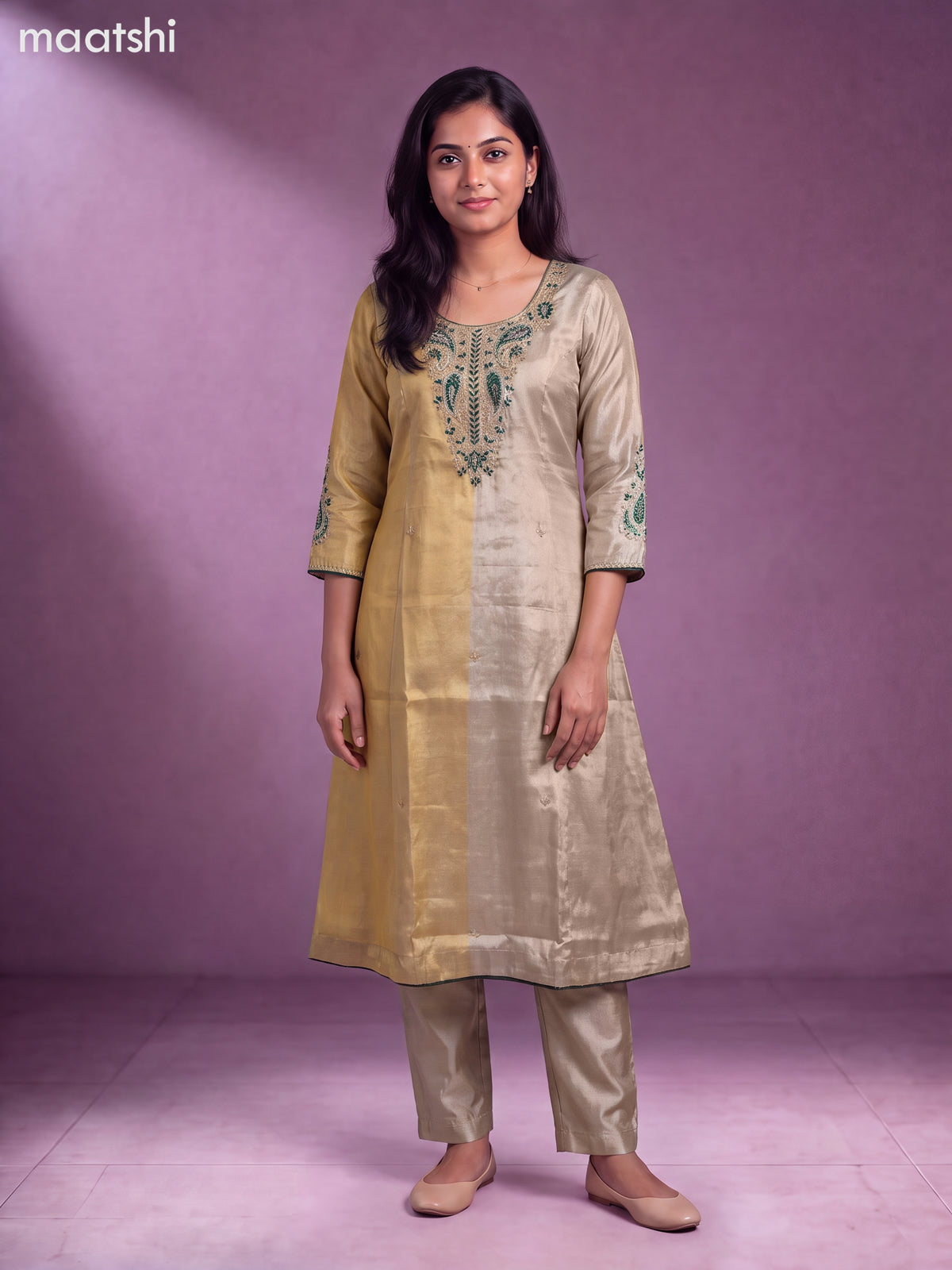 Biege and Green Tissue Embroidery Work Anarkali Suit