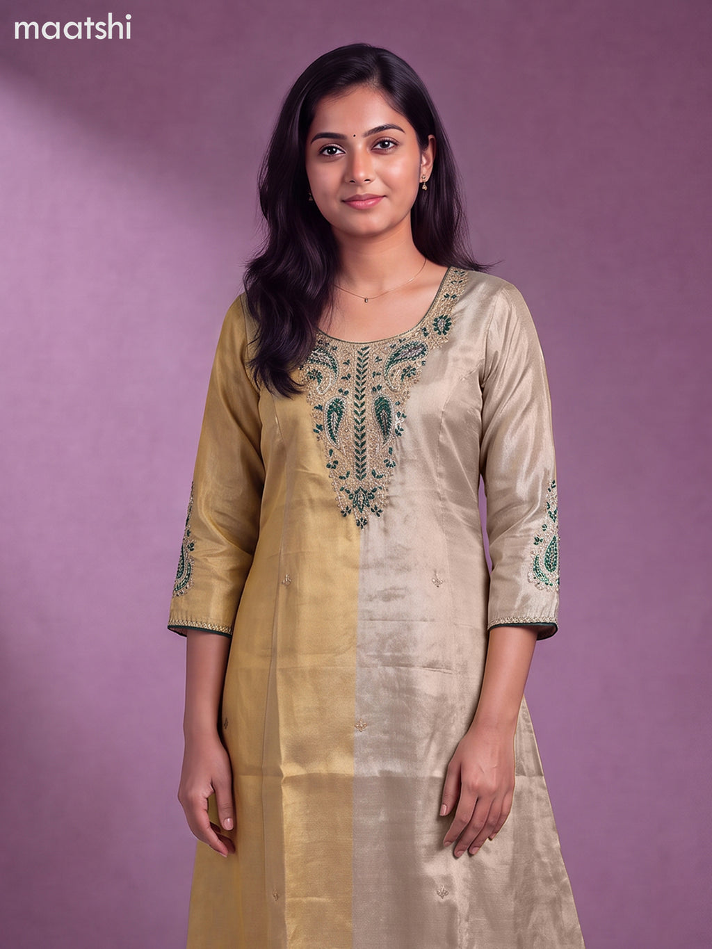 Biege and Green Tissue Embroidery Work Anarkali Suit