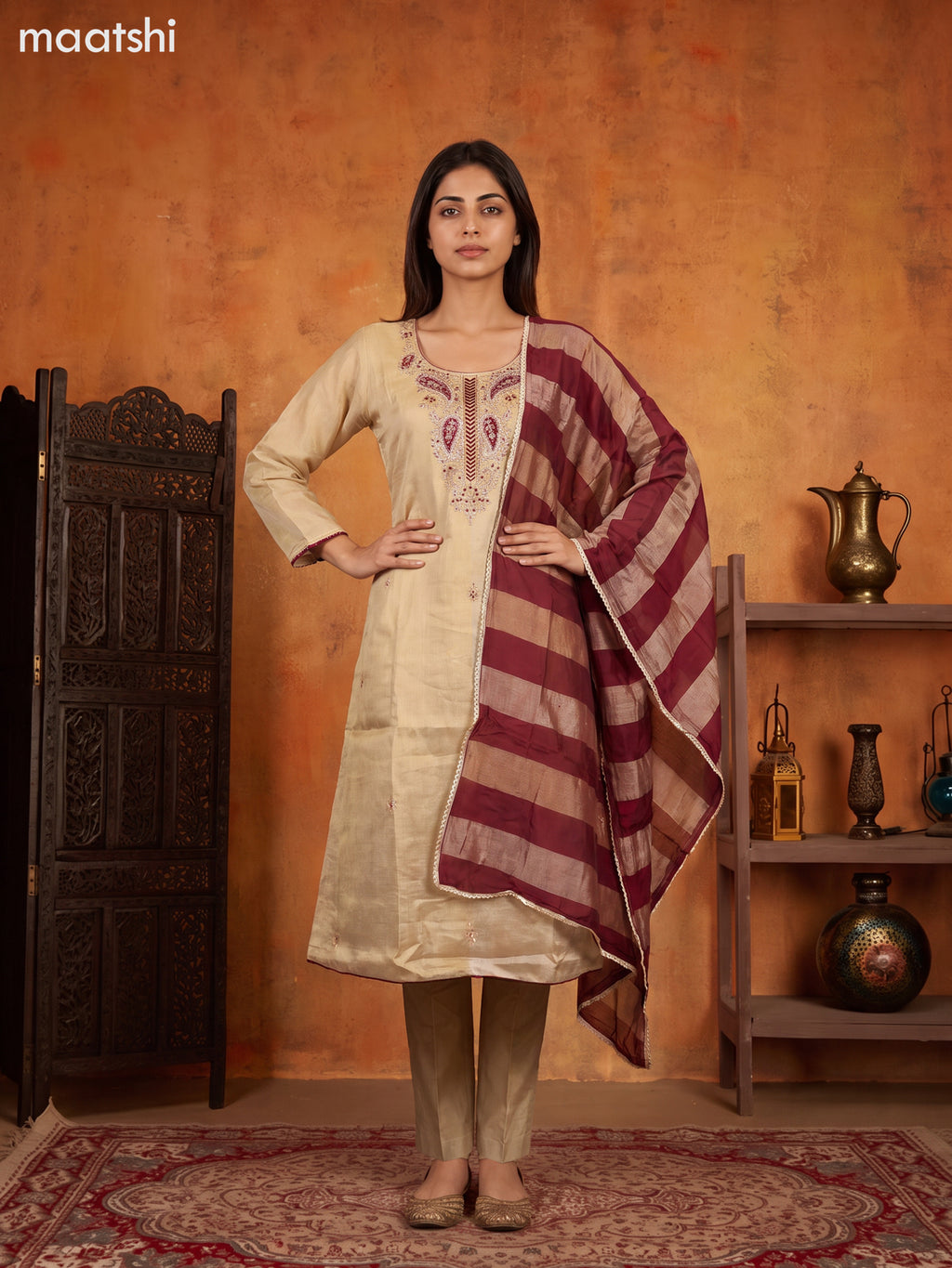 Biege and Maroon Tissue Embroidery Work Anarkali Suit