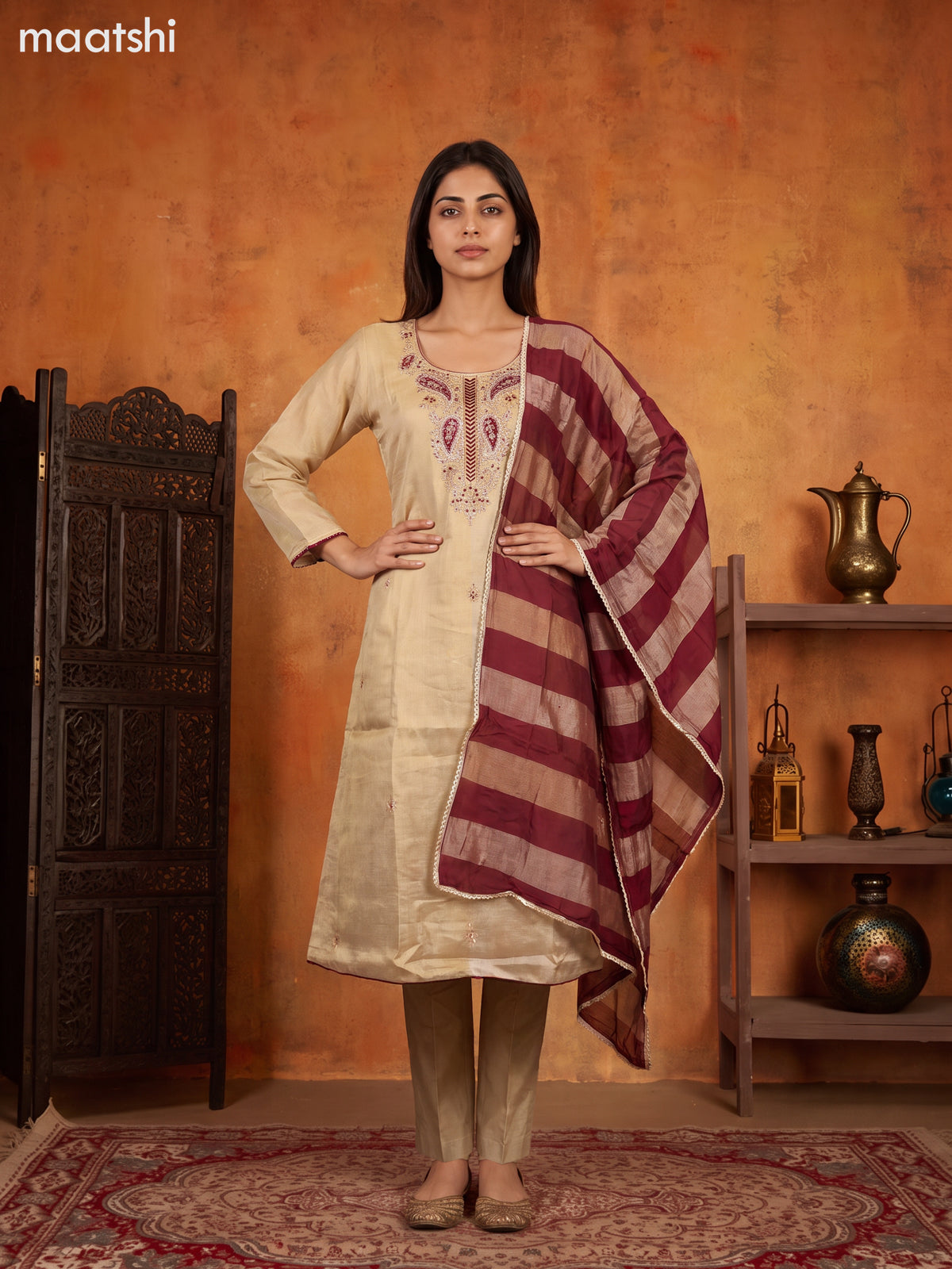 Biege and Maroon Tissue Embroidery Work Anarkali Suit