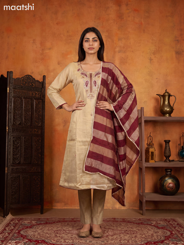 Biege and Maroon Tissue Embroidery Work Anarkali Suit