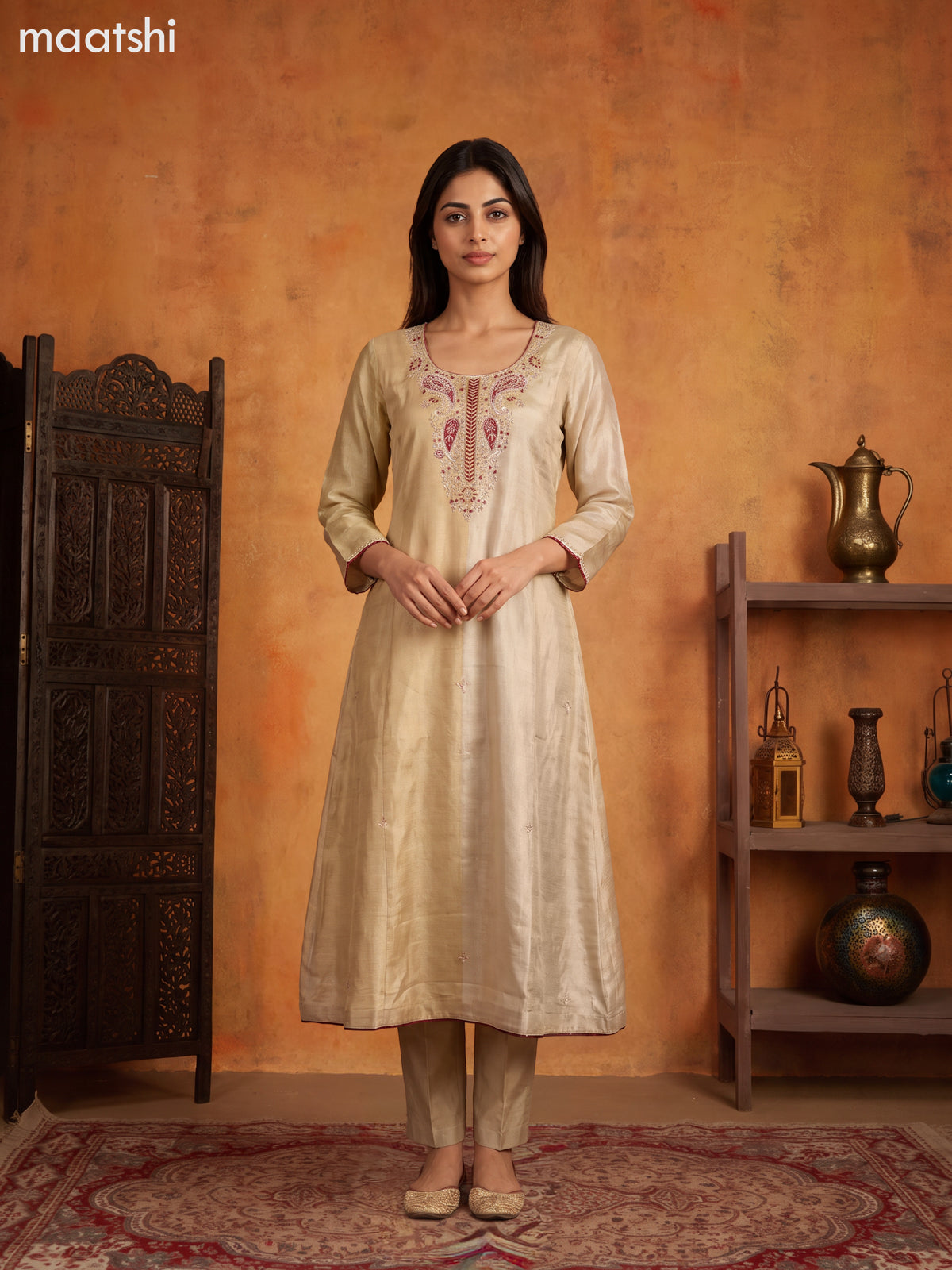 Biege and Maroon Tissue Embroidery Work Anarkali Suit