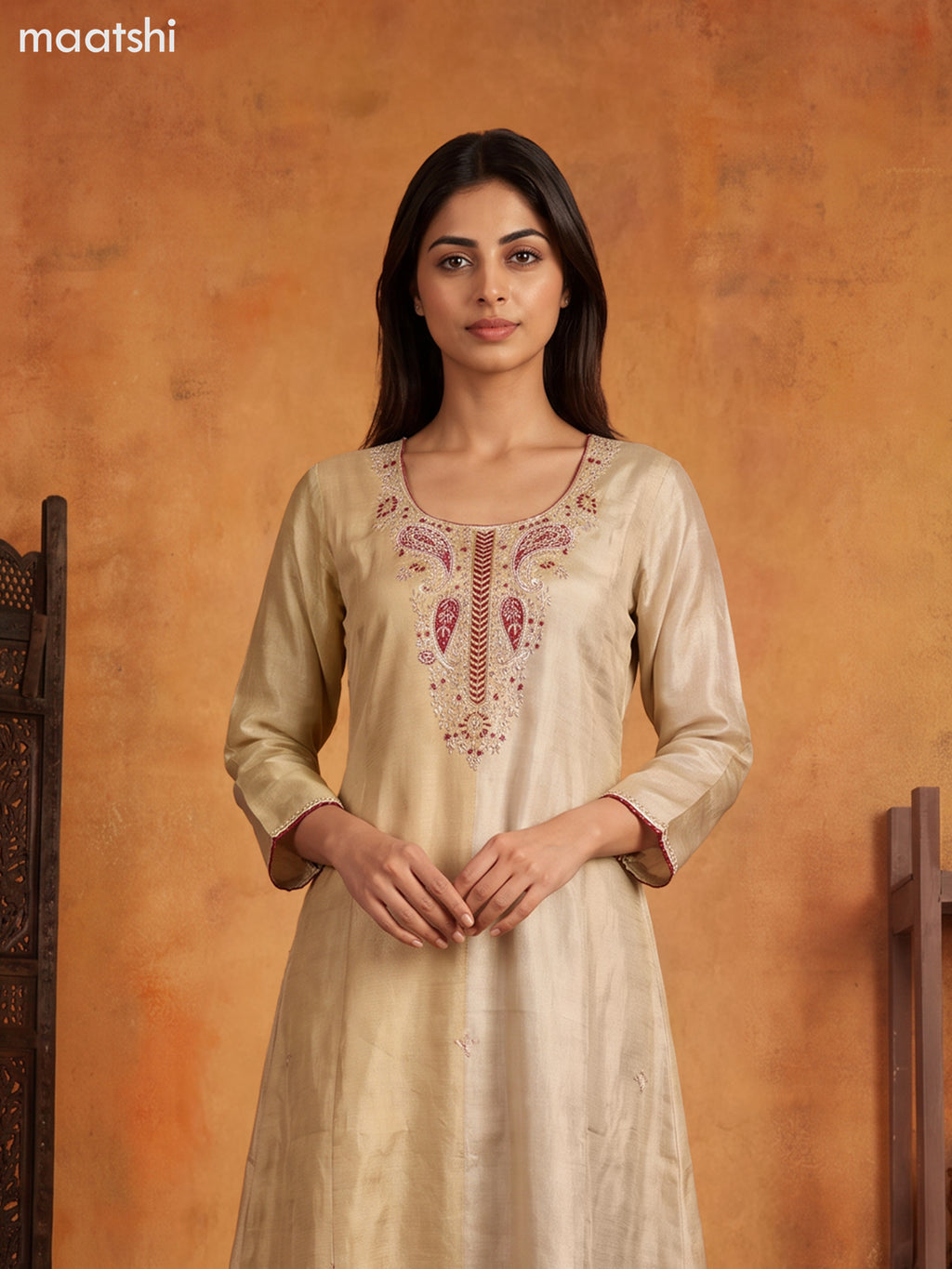 Biege and Maroon Tissue Embroidery Work Anarkali Suit