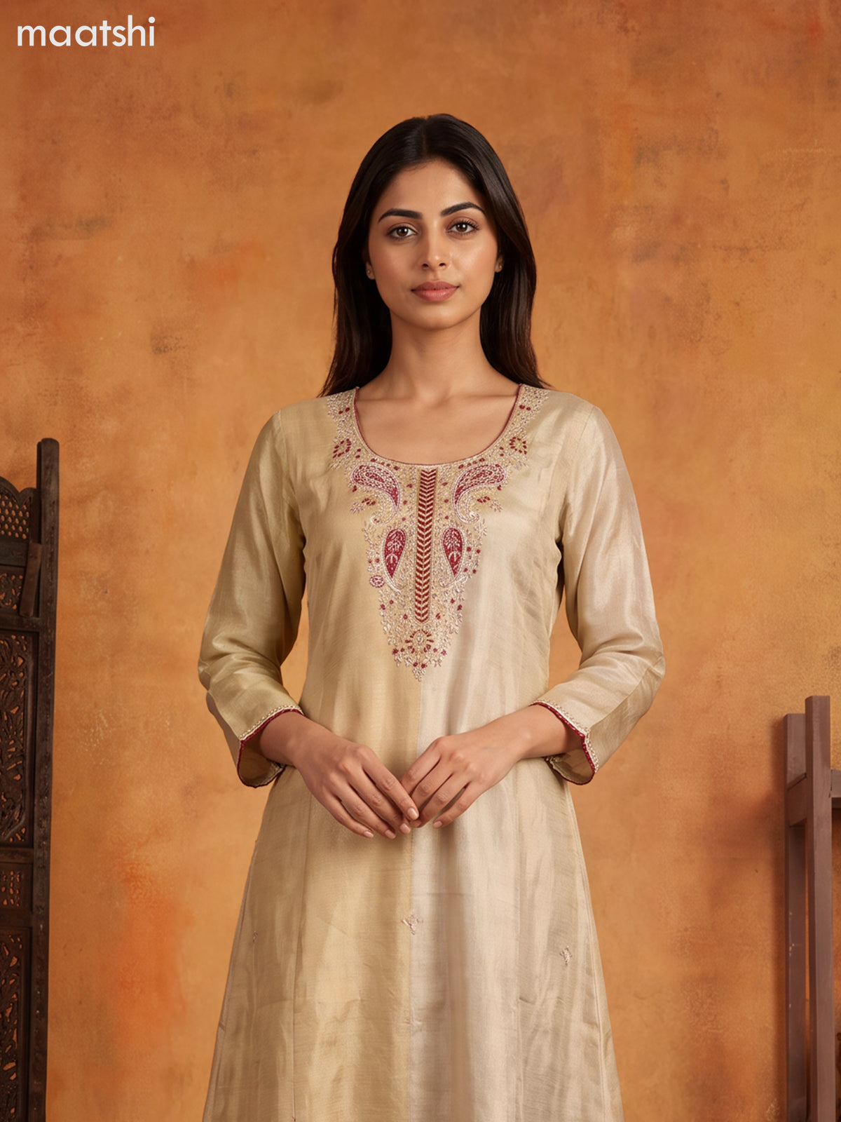 Biege and Maroon Tissue Embroidery Work Anarkali Suit