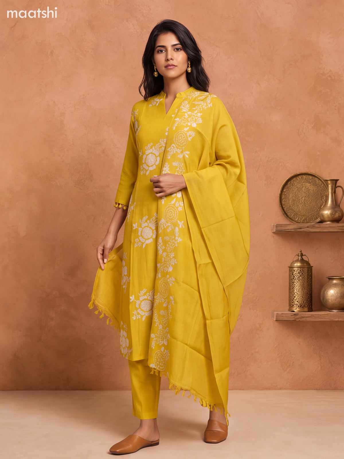 Mustard Yellow and Off White Mul Chanderi Embroidery Work Straight Suit