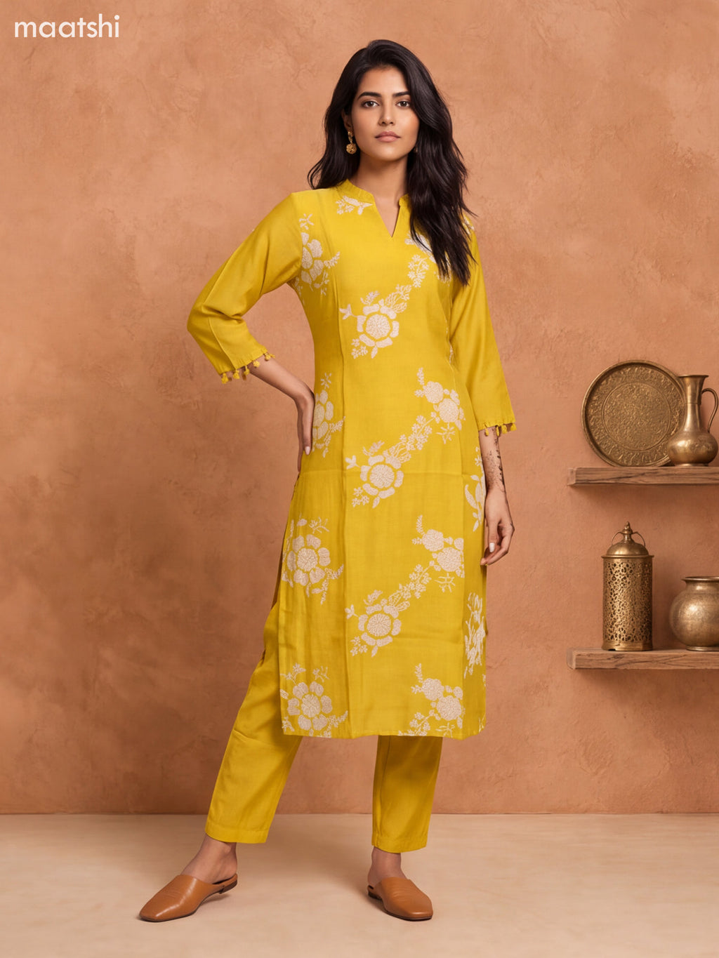 Mustard Yellow and Off White Mul Chanderi Embroidery Work Straight Suit