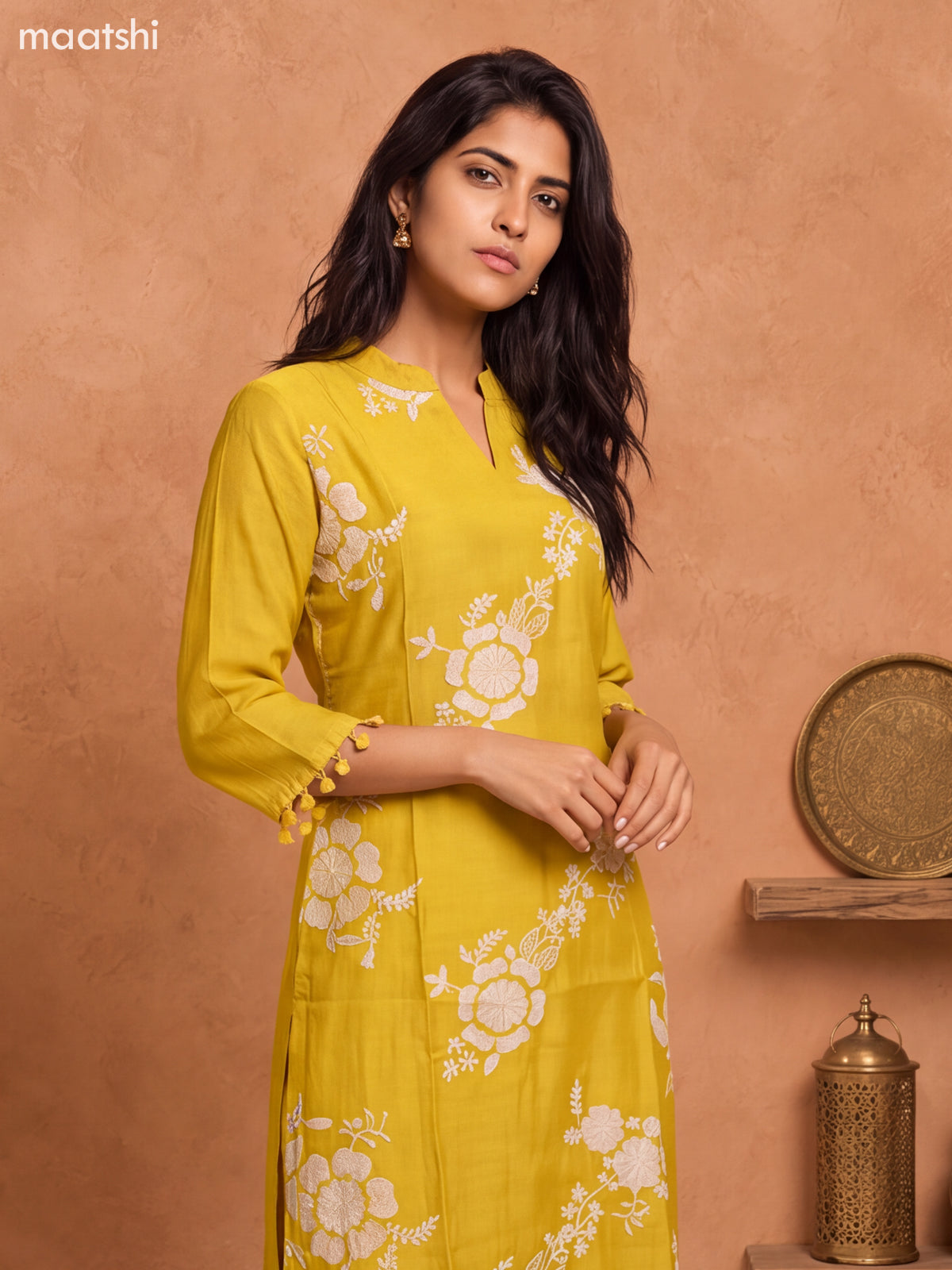 Mustard Yellow and Off White Mul Chanderi Embroidery Work Straight Suit