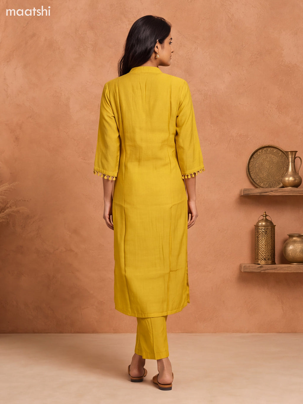 Mustard Yellow and Off White Mul Chanderi Embroidery Work Straight Suit