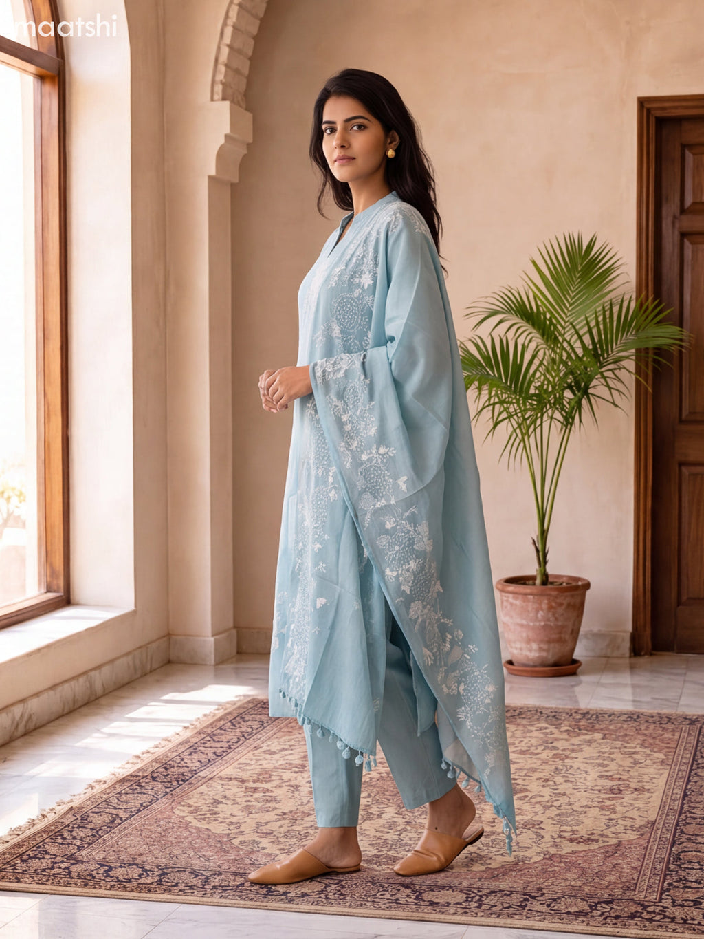 Pastel Blue and Off White Mul Chanderi Embroidery Work Straight Suit