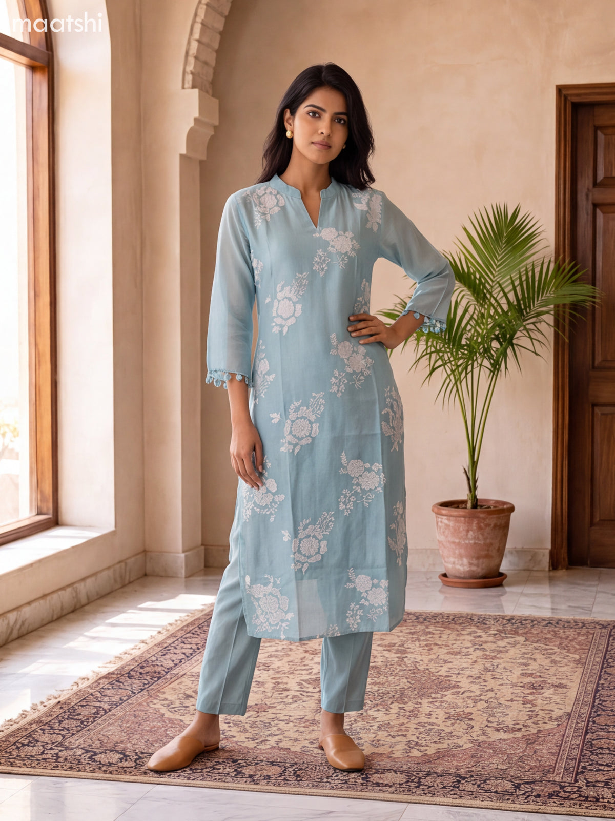 Pastel Blue and Off White Mul Chanderi Embroidery Work Straight Suit