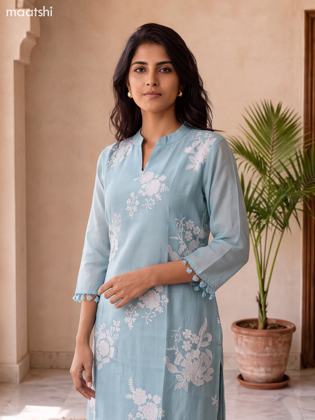 Pastel Blue and Off White Mul Chanderi Embroidery Work Straight Suit