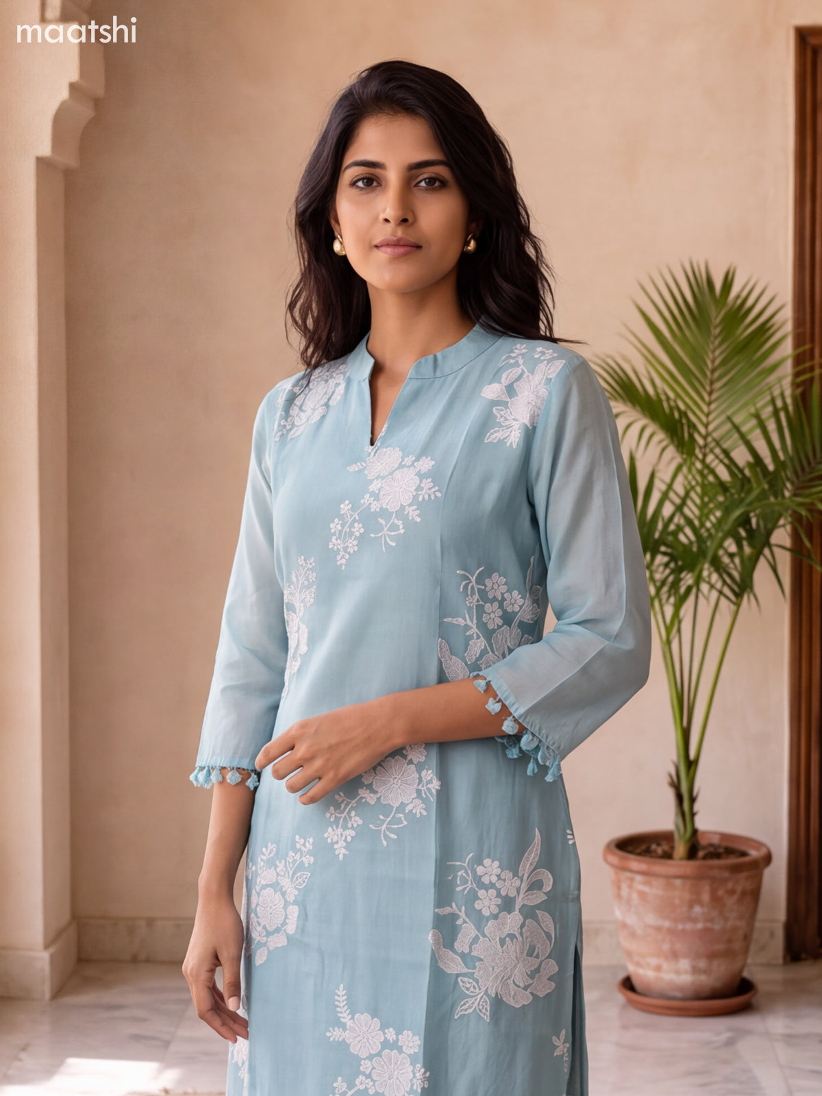 Pastel Blue and Off White Mul Chanderi Embroidery Work Straight Suit