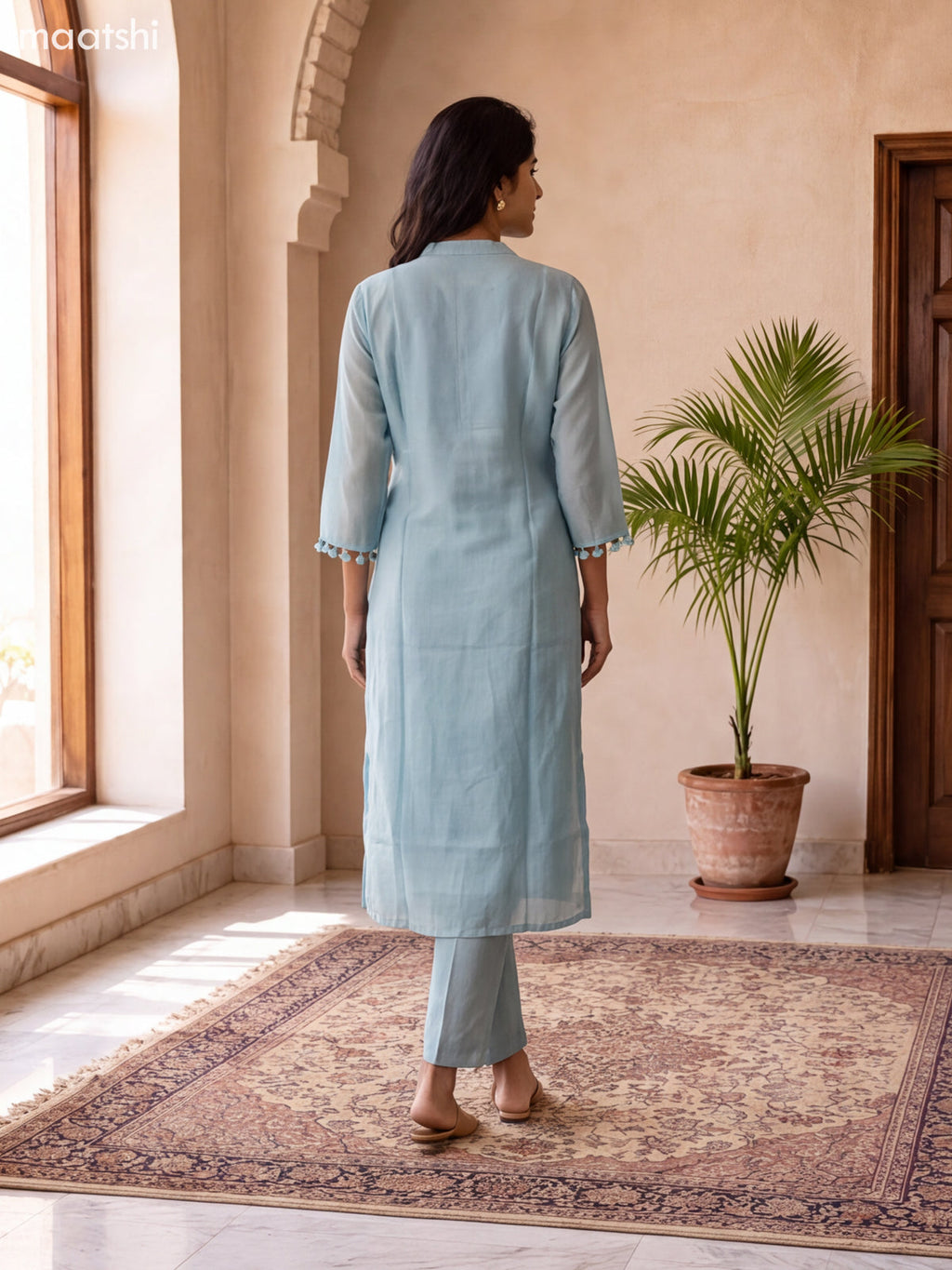 Pastel Blue and Off White Mul Chanderi Embroidery Work Straight Suit