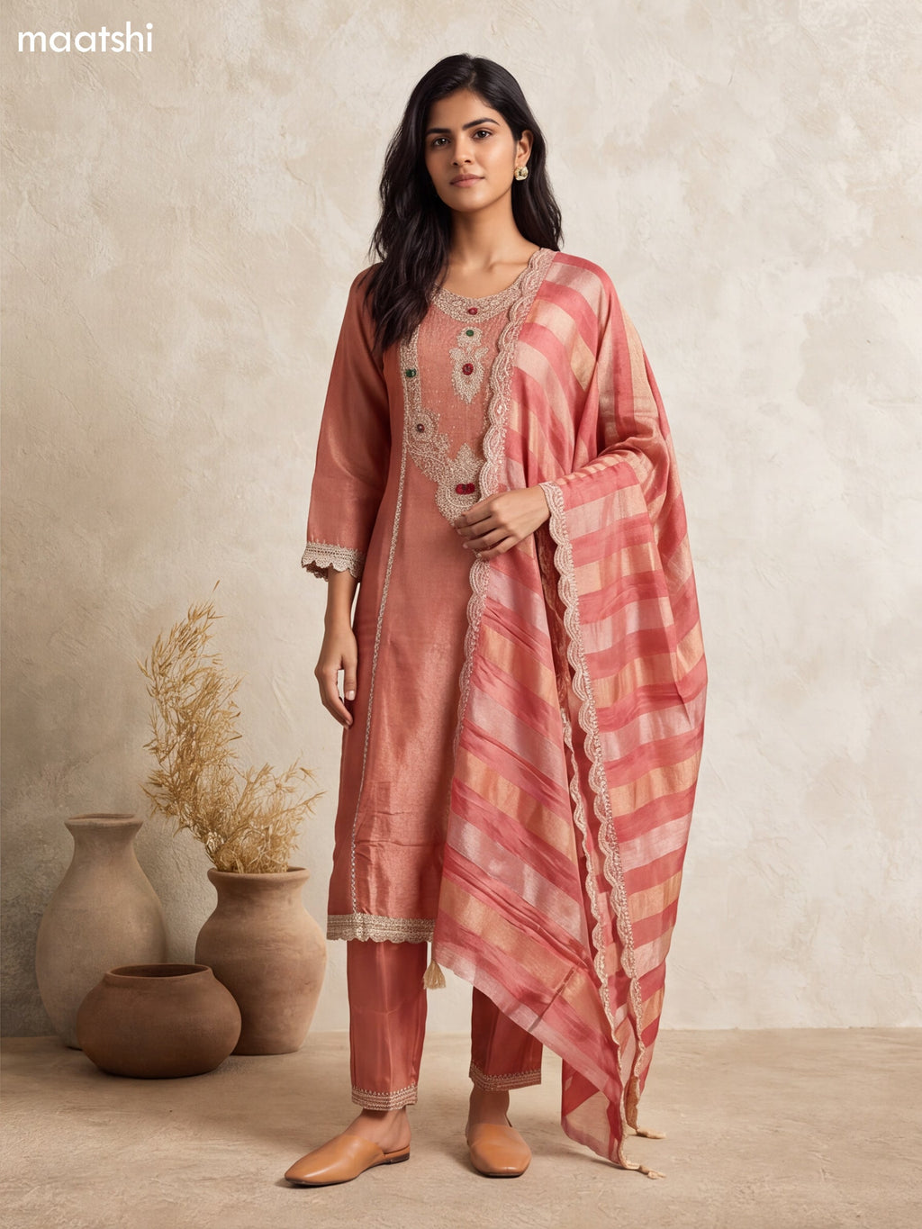 Dark Peach and Gold Art Silk Heavy Embroidery Work Straight Suit