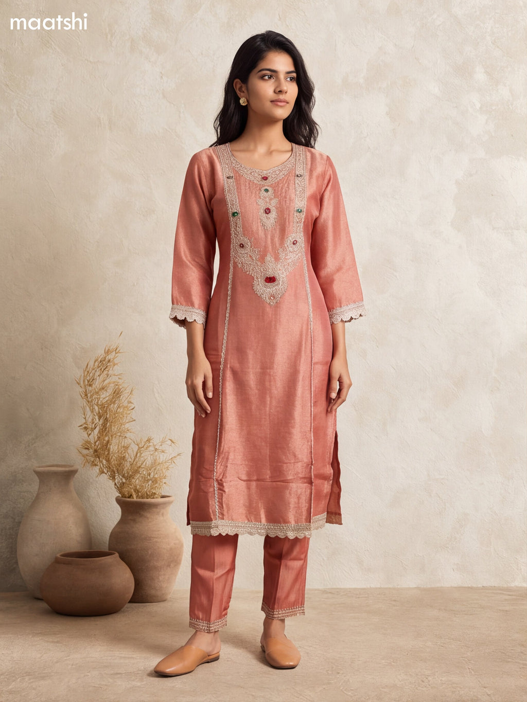 Dark Peach and Gold Art Silk Heavy Embroidery Work Straight Suit
