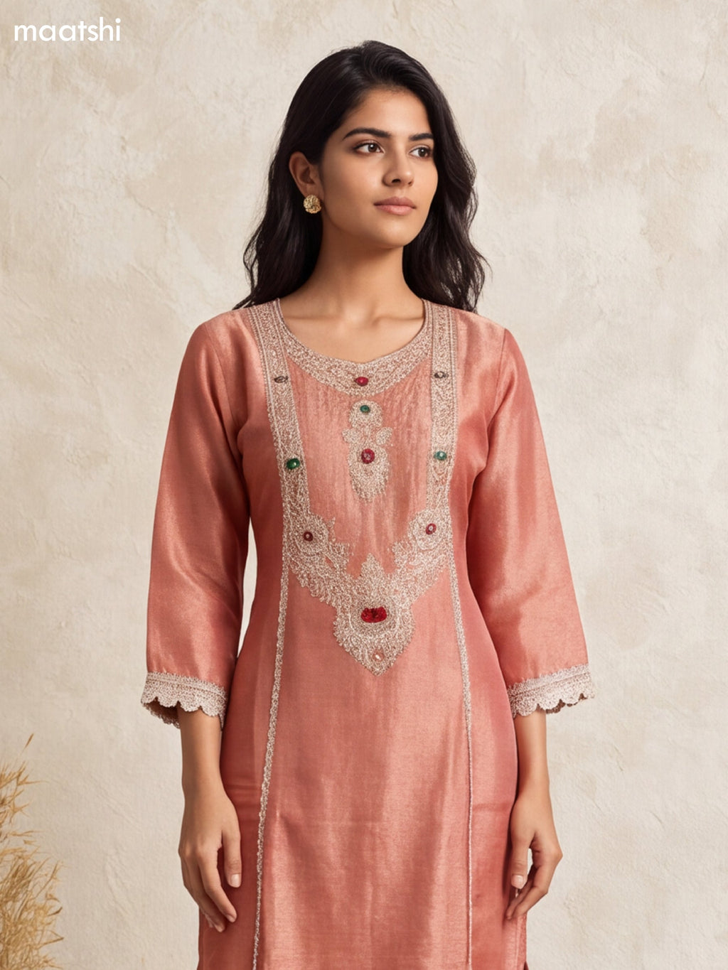 Dark Peach and Gold Art Silk Heavy Embroidery Work Straight Suit