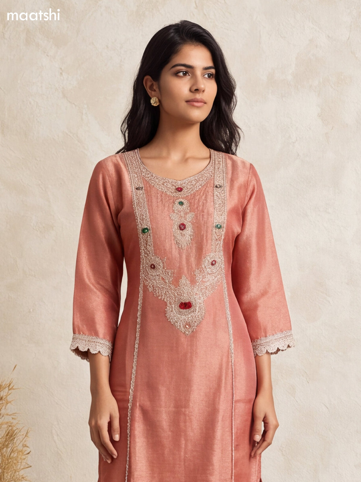 Dark Peach and Gold Art Silk Heavy Embroidery Work Straight Suit