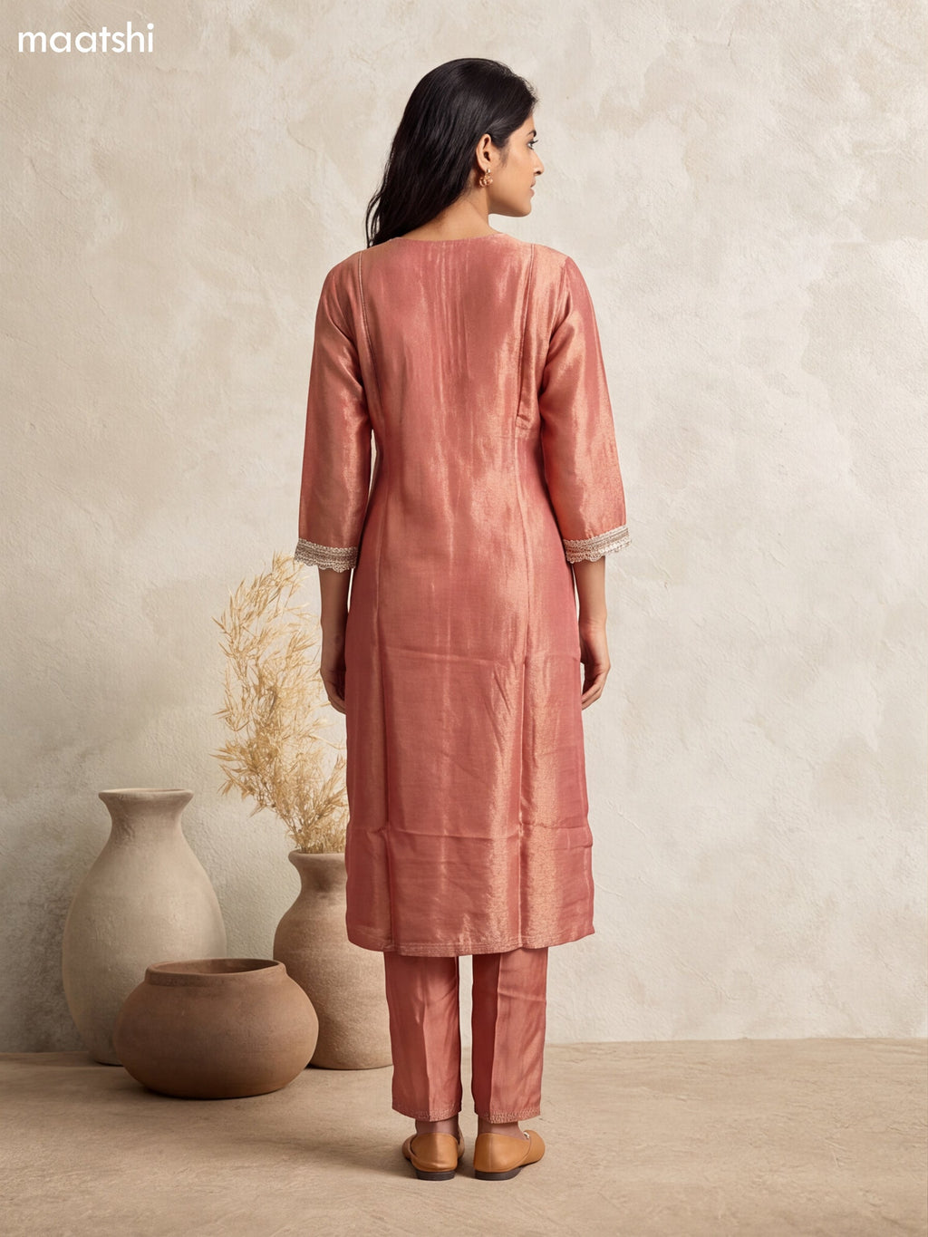 Dark Peach and Gold Art Silk Heavy Embroidery Work Straight Suit