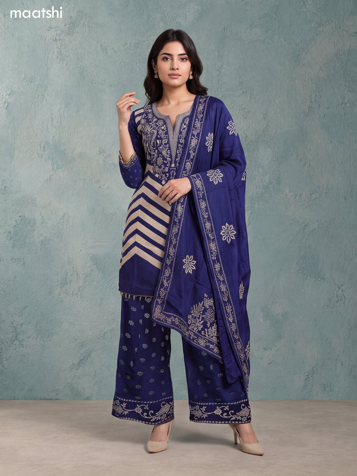 Navy Blue and Biege Crepe Silk Floral Printed & Embroidery Work Straight Suit