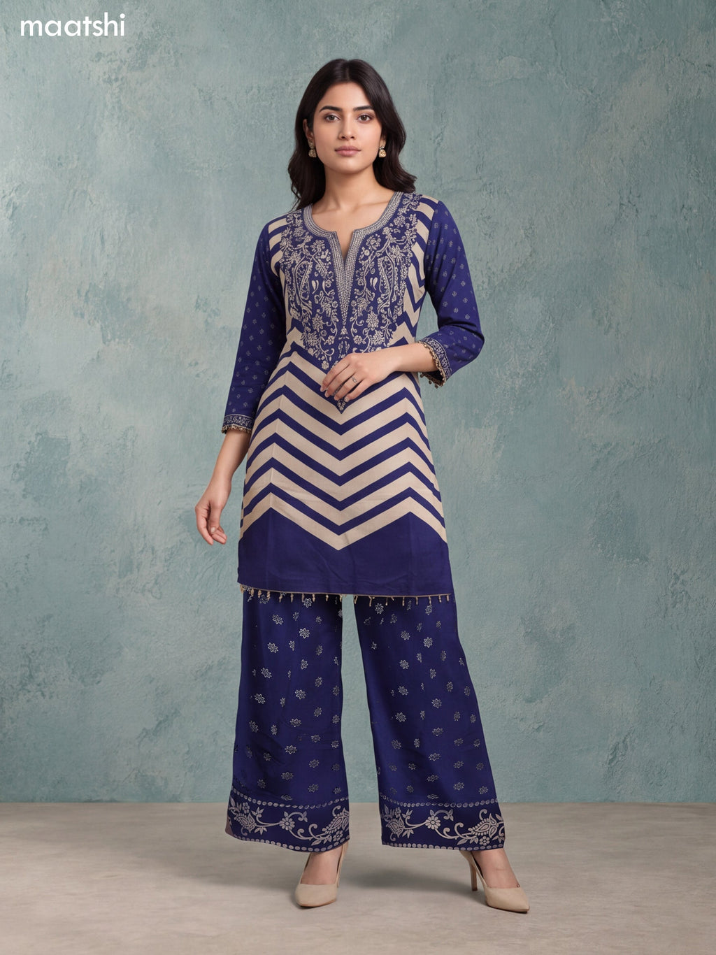 Navy Blue and Biege Crepe Silk Floral Printed & Embroidery Work Straight Suit